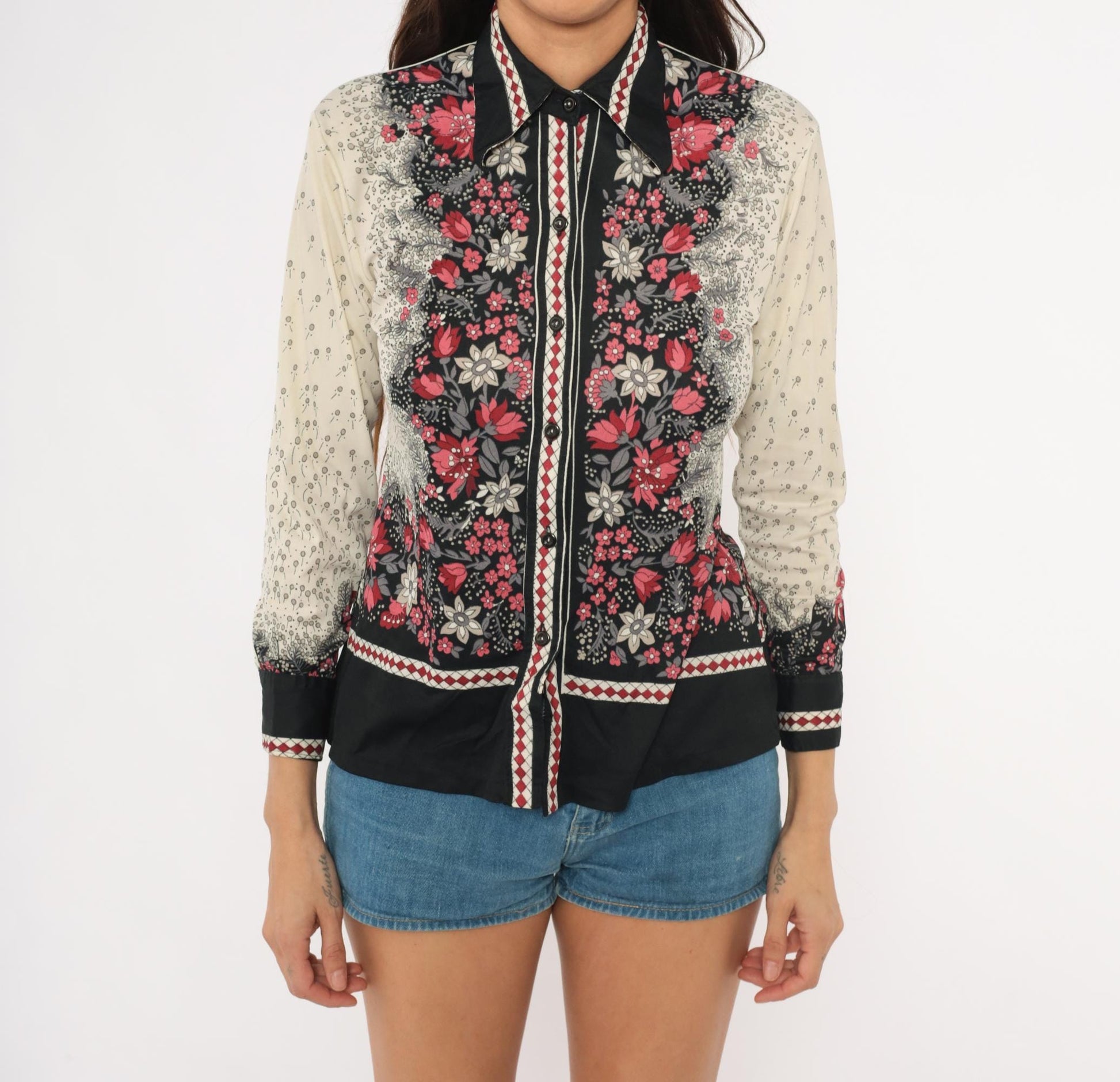 70s Floral Nylon Button-Front Blouse Black Red Cream Pointed Collar Small