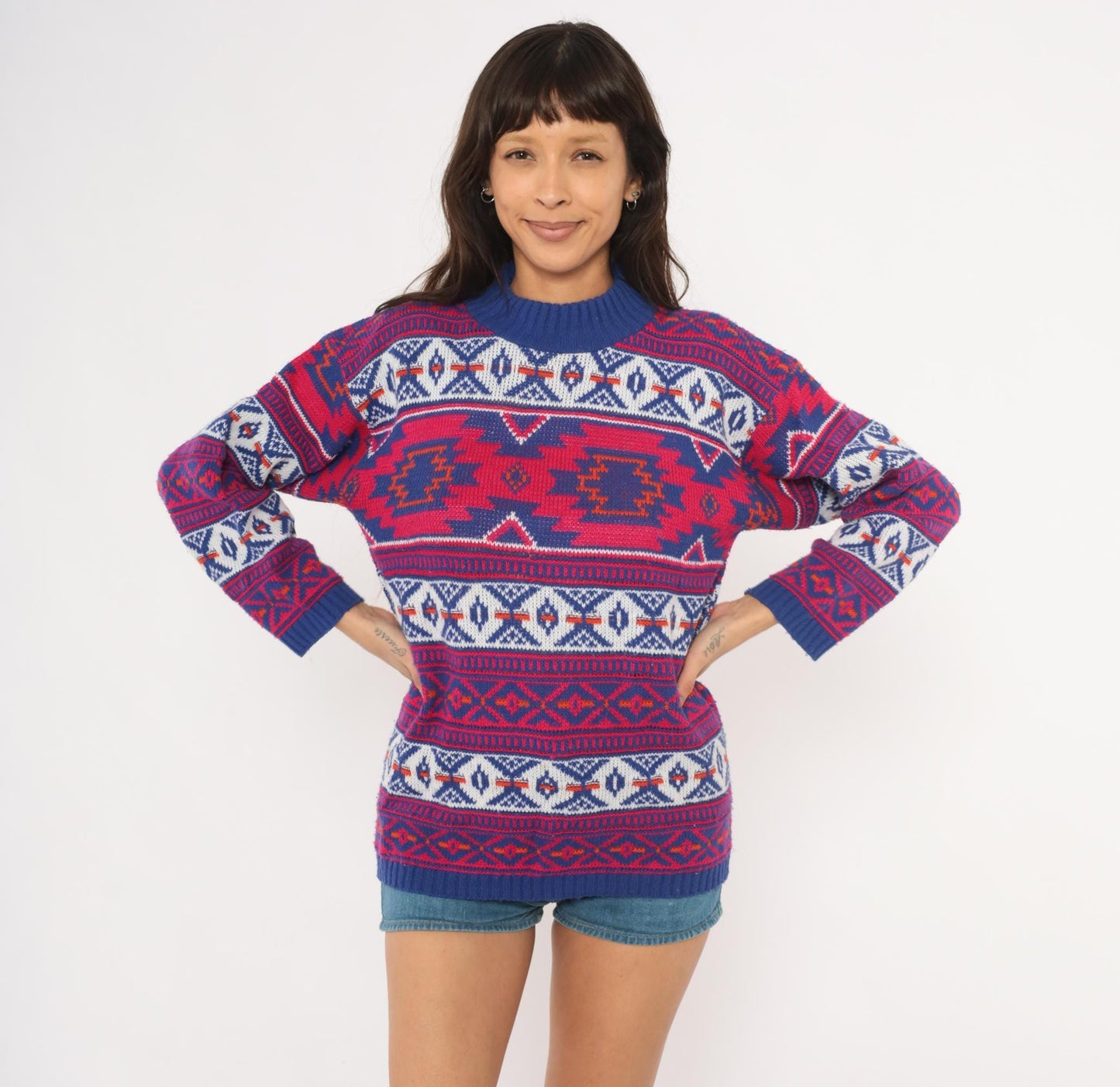 90s Croquet Southwestern Geometric Knit Pullover Navy Blue Pink Medium M