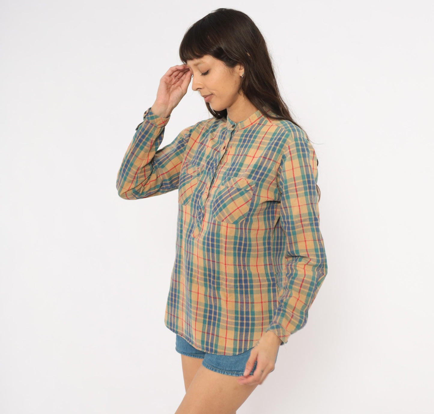 80s Hot Line Mervyns Plaid Henley Shirt Tan Navy Teal Red Cotton Small
