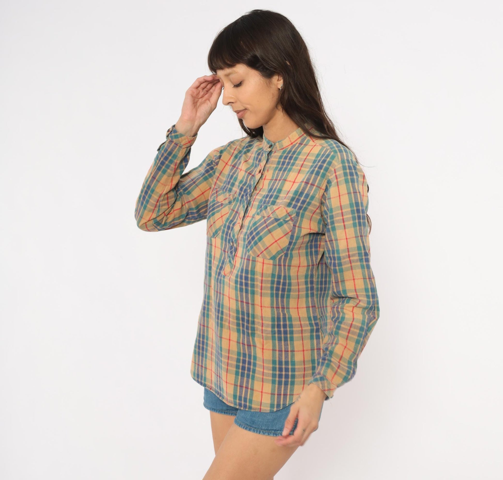 80s Hot Line Mervyns Plaid Henley Shirt Tan Navy Teal Red Cotton Small