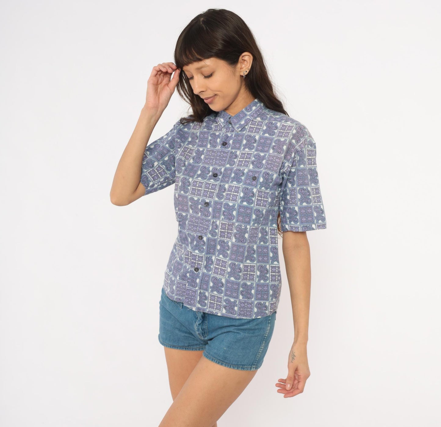 90s Tomorrow's Generation Tile Print Shirt Purple Paisley Cotton XS