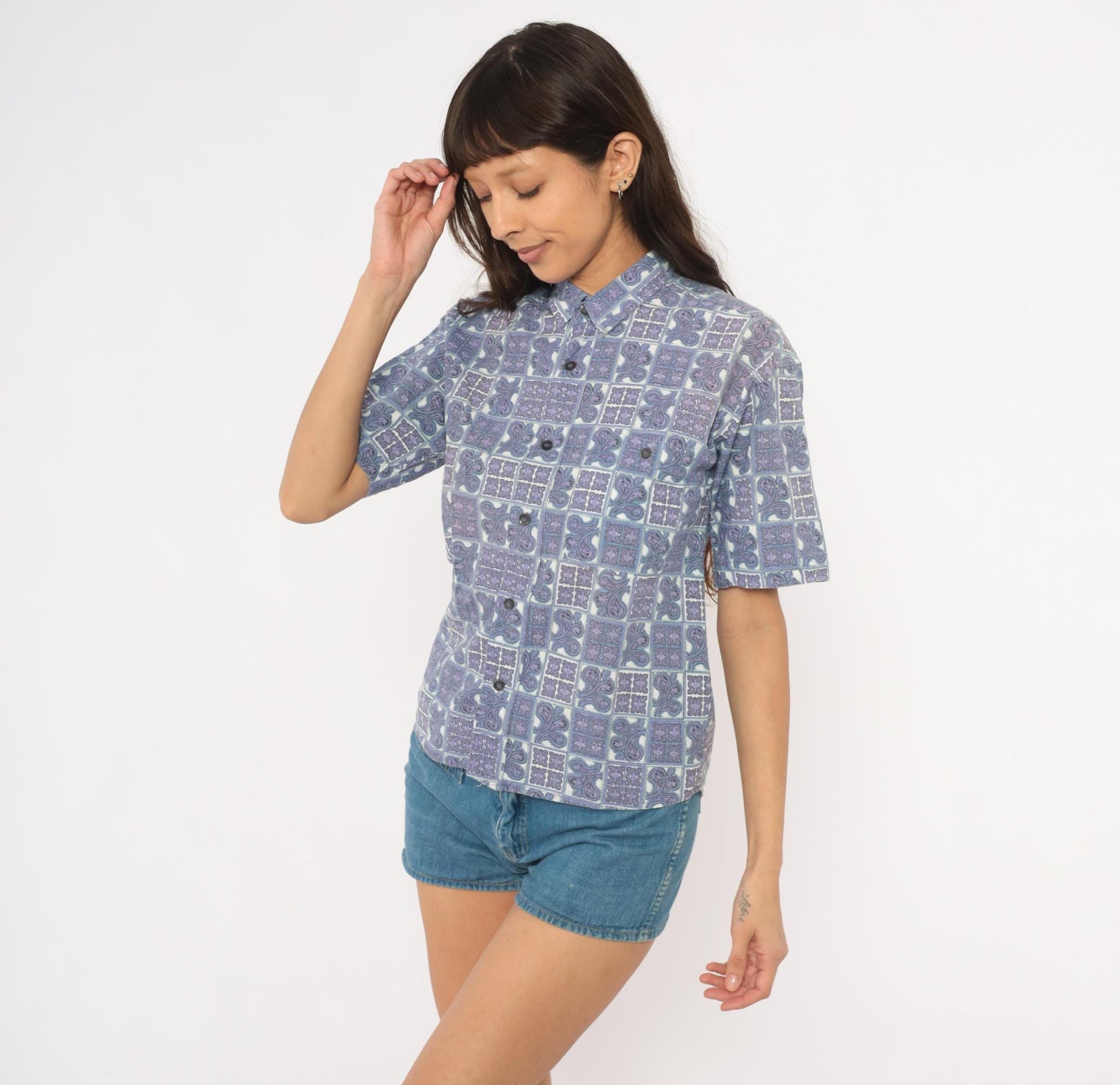 90s Tomorrow's Generation Tile Print Shirt Purple Paisley Cotton XS