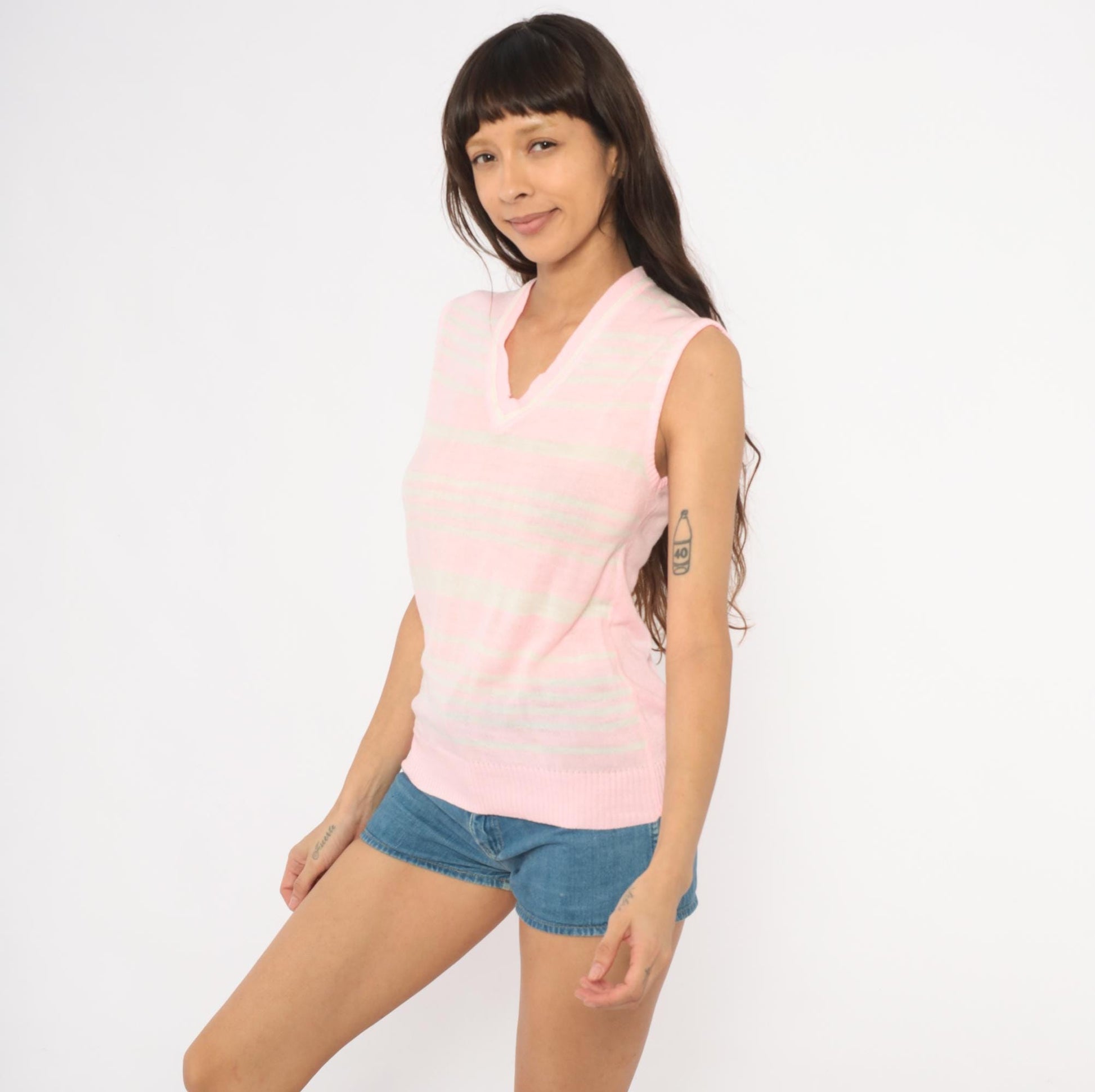 70s Pink White Striped Sweater Vest V Neck Sleeveless Knit Small