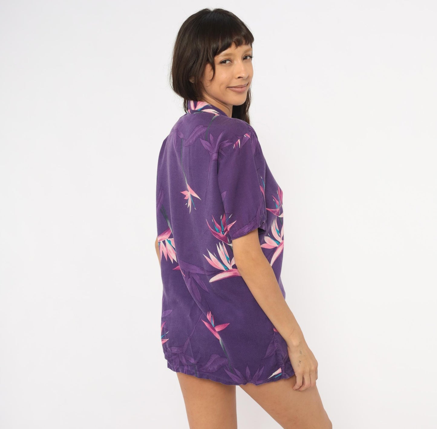 90s Hutspah Purple Hawaiian Shirt Bird Of Paradise Floral Camp Collar Medium M