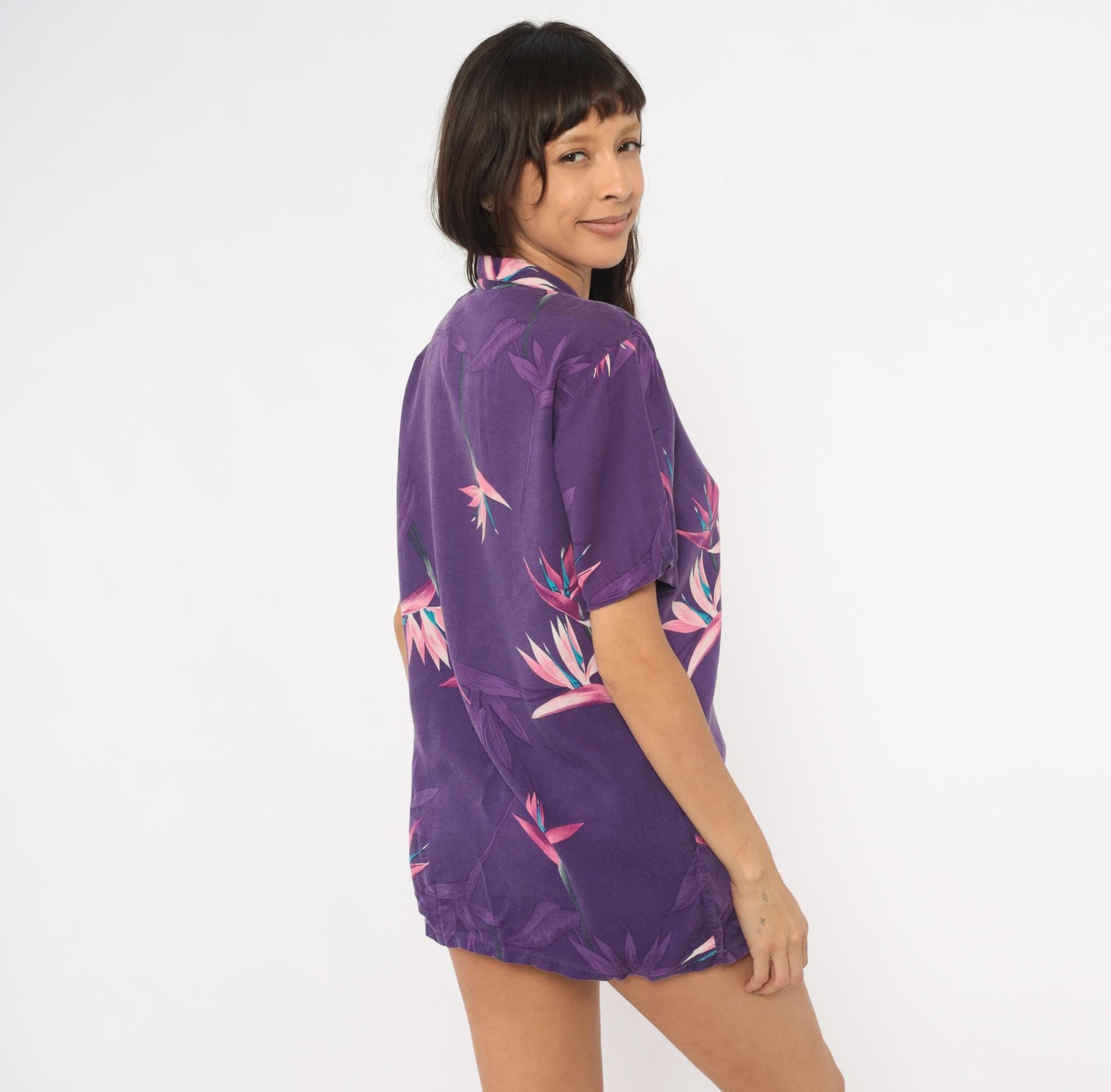 90s Hutspah Purple Hawaiian Shirt Bird Of Paradise Floral Camp Collar Medium M