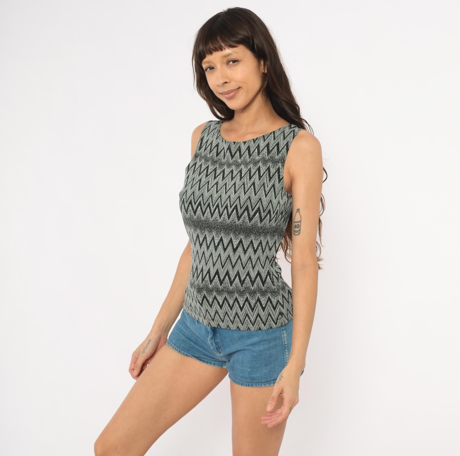 90s Black Grey Chevron Zigzag Metallic Knit Tank Medium M