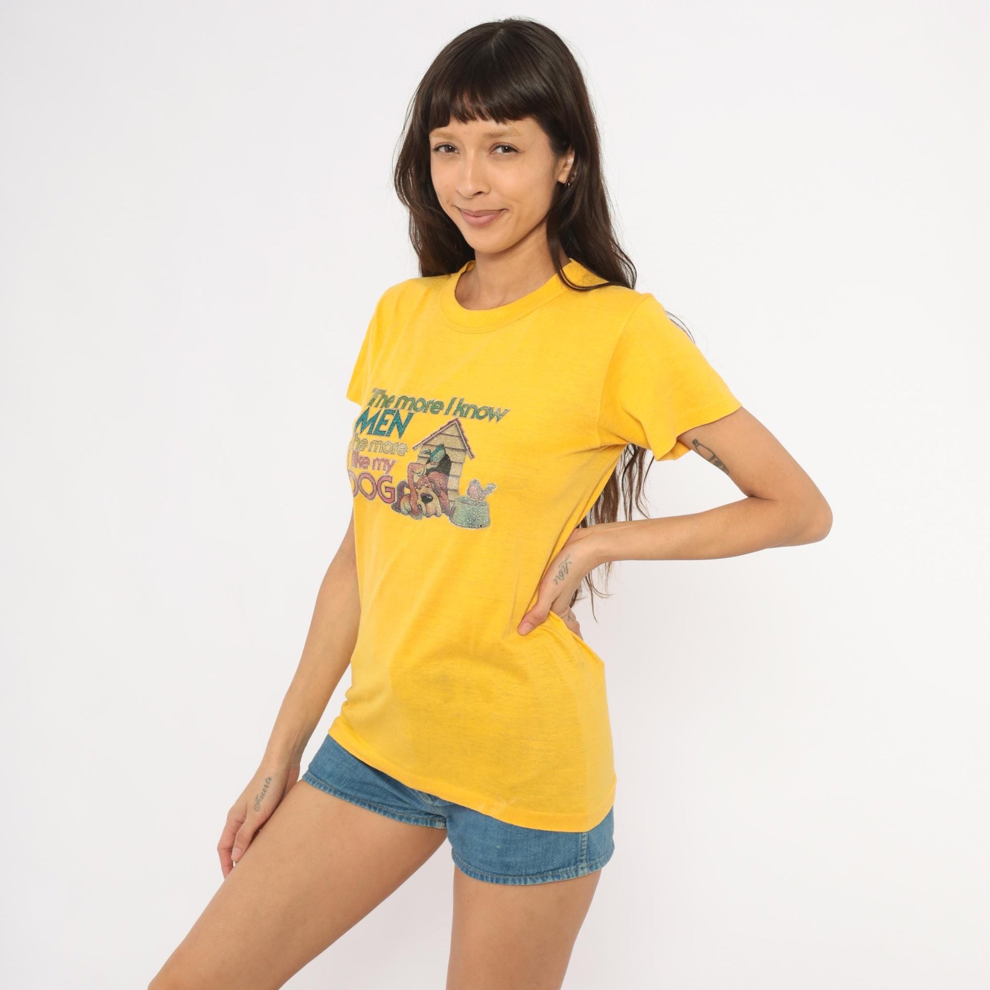 80s Poltermann Glitter Dog Graphic Tee Yellow Cotton Novelty Small