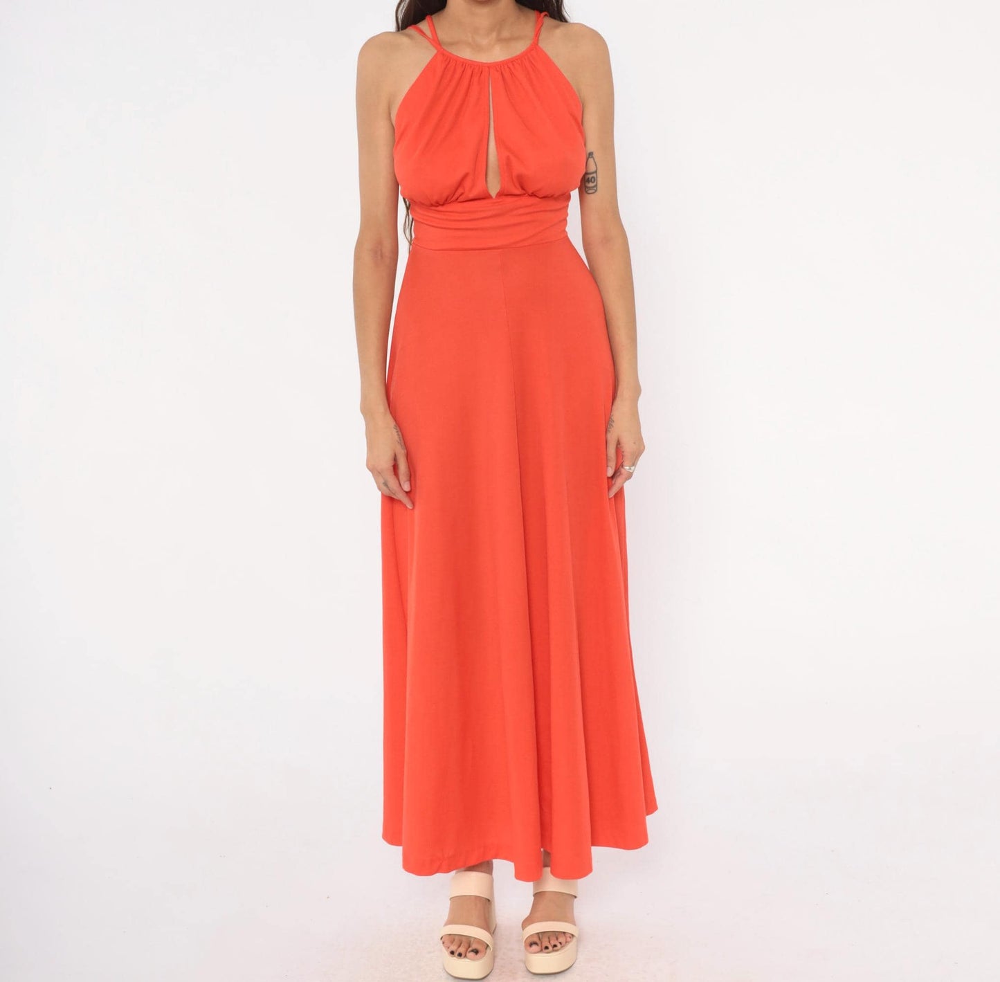 70s Misty Lane Coral Halter Maxi Dress Keyhole Neckline Extra Small XS