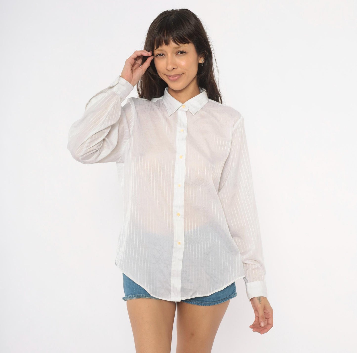 90s Cobble-Lane White Striped Button-Up Blouse Pointed Collar Large L