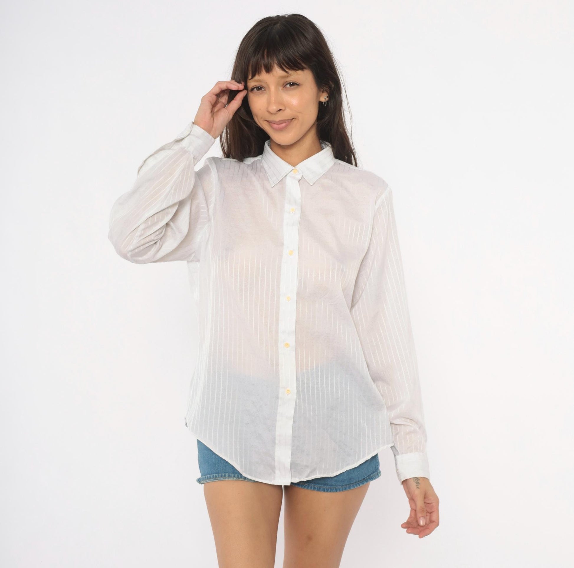 90s Cobble-Lane White Striped Button-Up Blouse Pointed Collar Large L