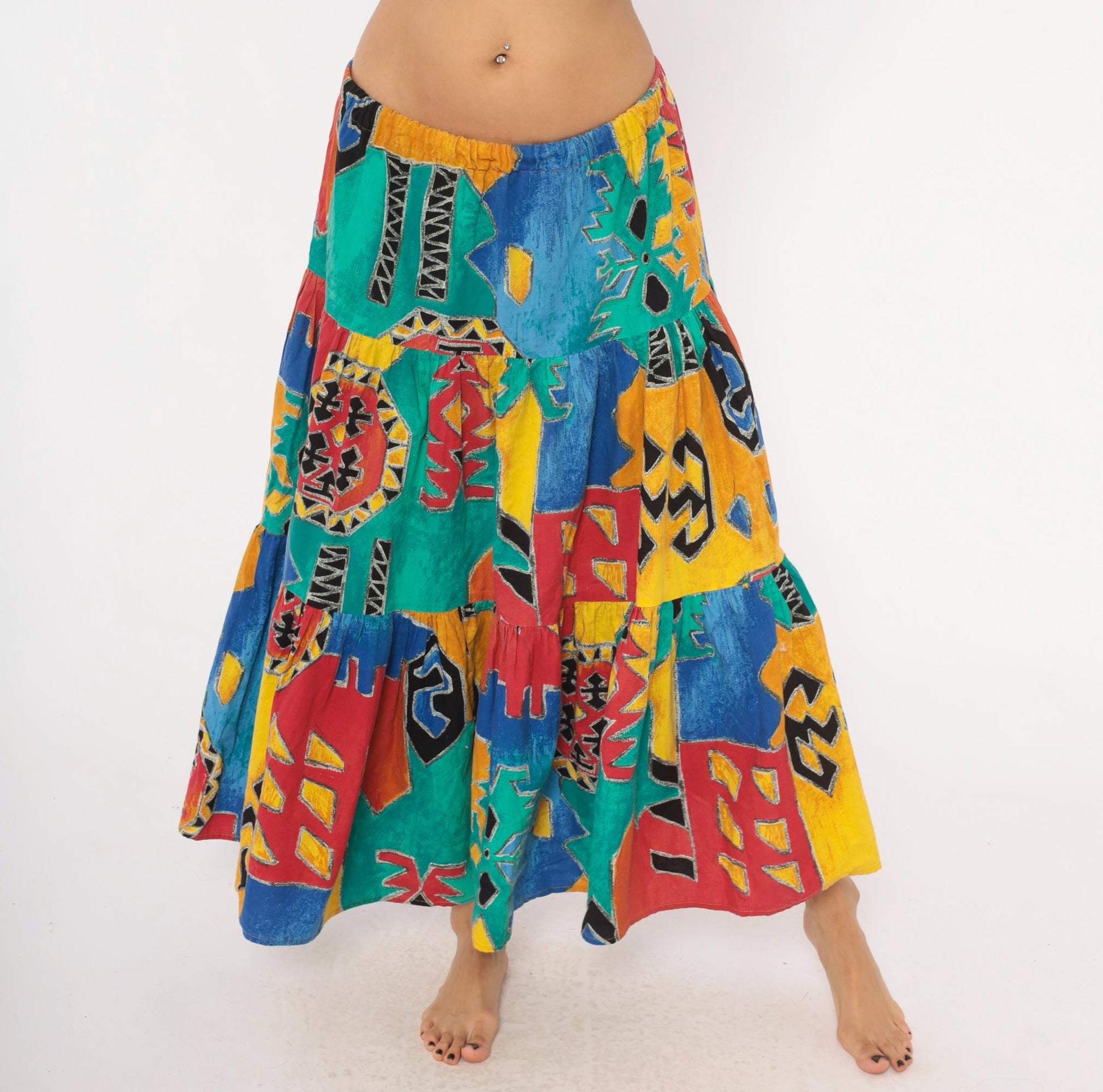 90s Tribal Print Maxi Skirt Teal Red Yellow Blue Tiered Cotton One Size