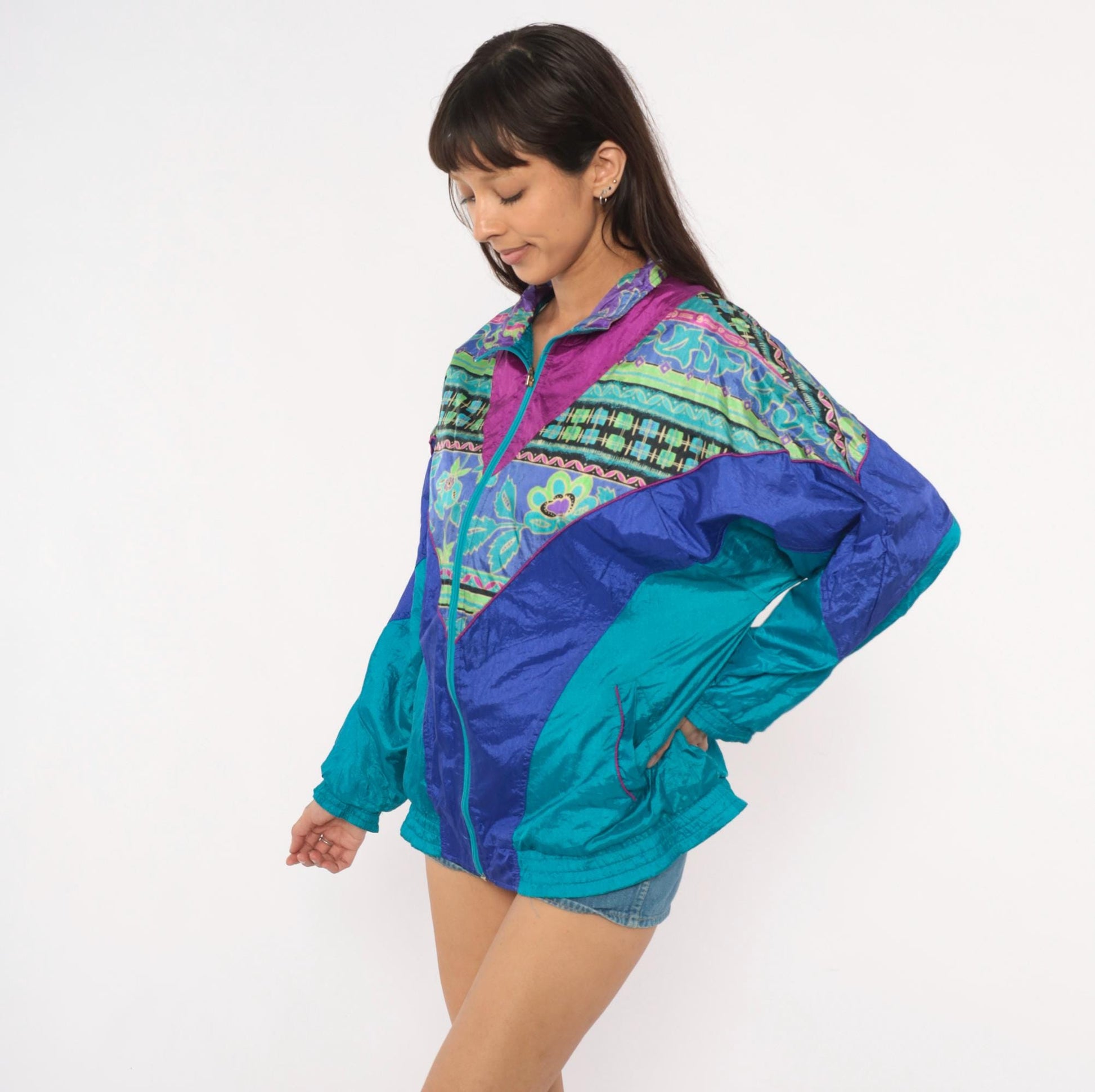 90s Bold Spirit Colorblock Windbreaker Teal Purple Geometric Floral Extra Large XL