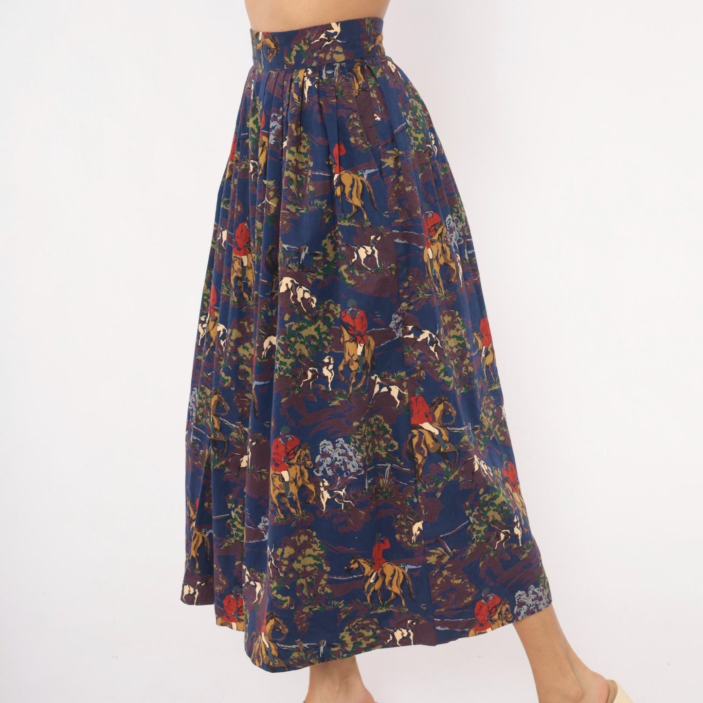 90s Breeches Equestrian Hunt Scene Midi Skirt Navy Purple Pleated Cotton Extra Small XS