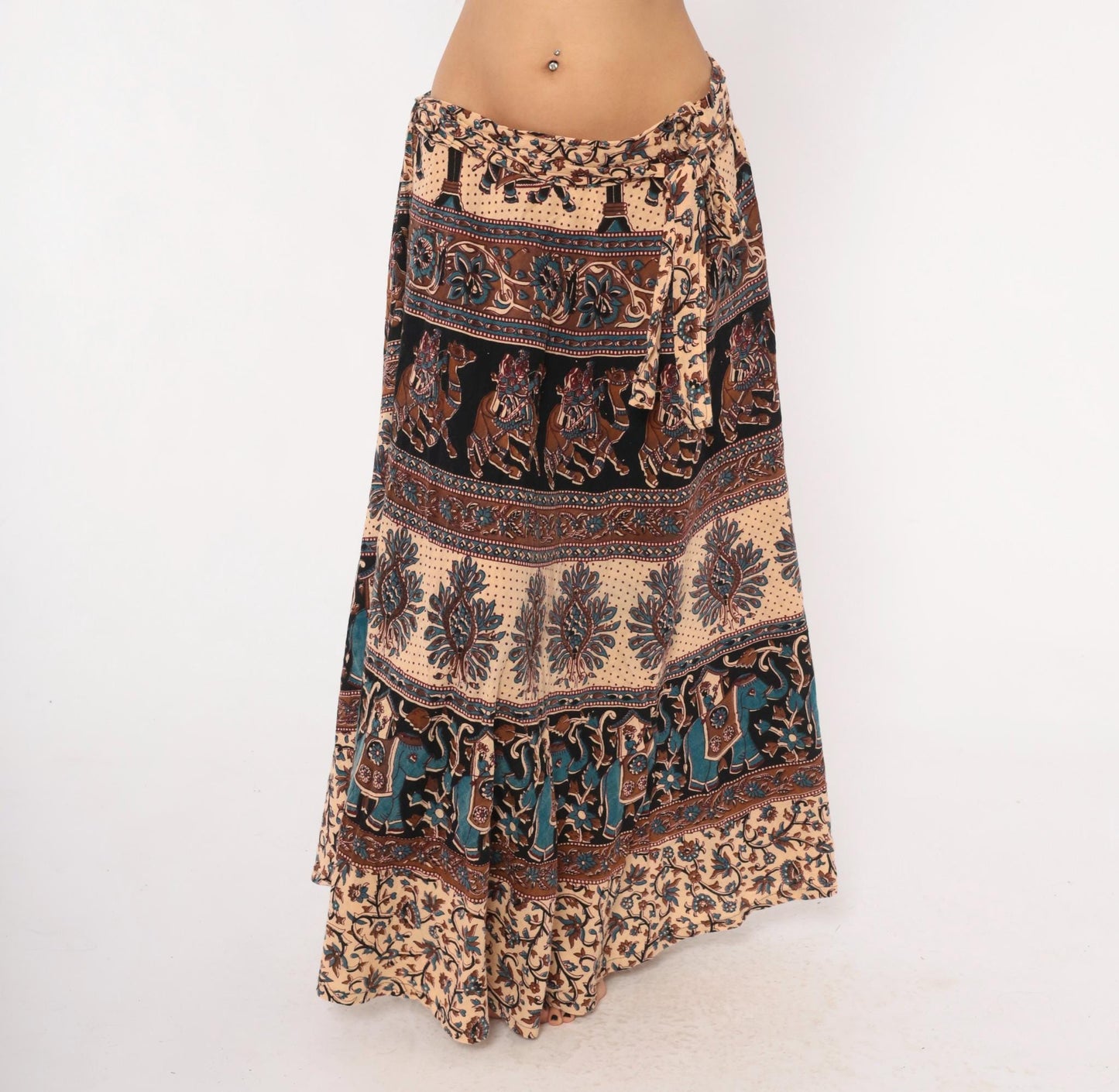 90s Indian Block Print Cotton Wrap Skirt Elephant Peacock Tan Black Teal Small-Large