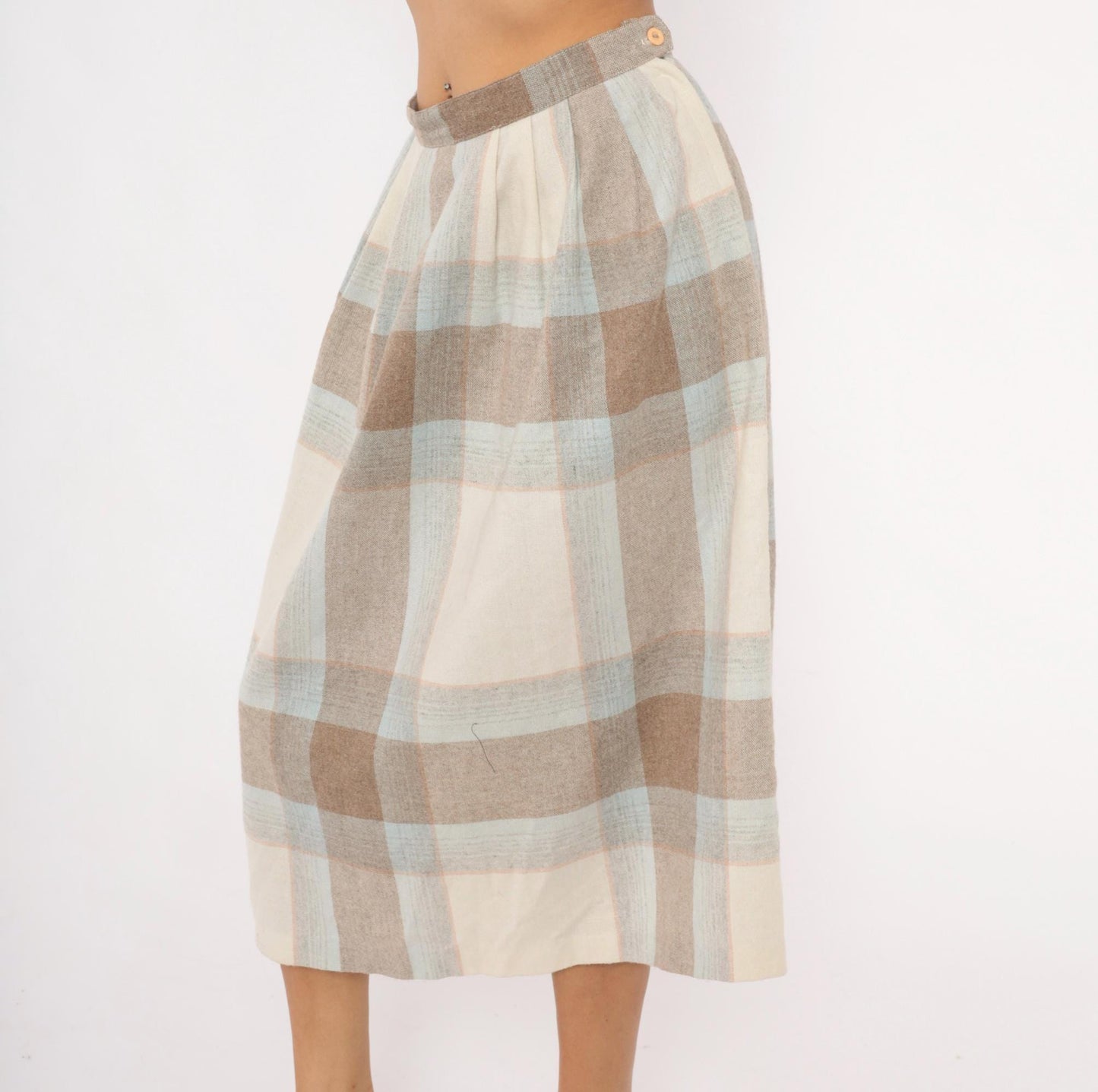 80s Wool Blend Plaid Midi Skirt Tan Cream Powder Blue Pleated Medium M