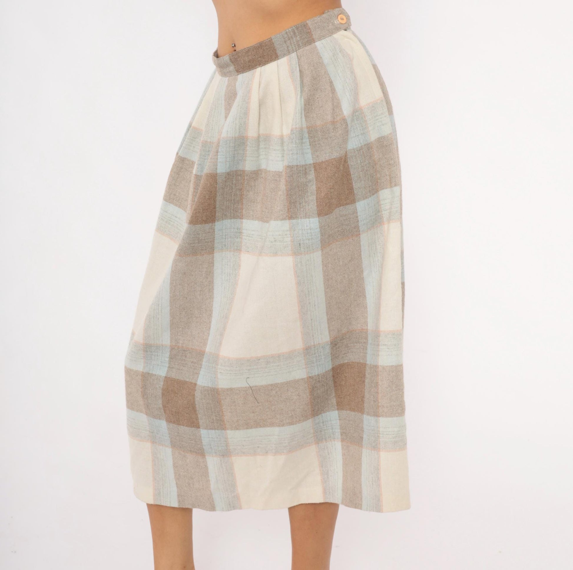 80s Wool Blend Plaid Midi Skirt Tan Cream Powder Blue Pleated Medium M