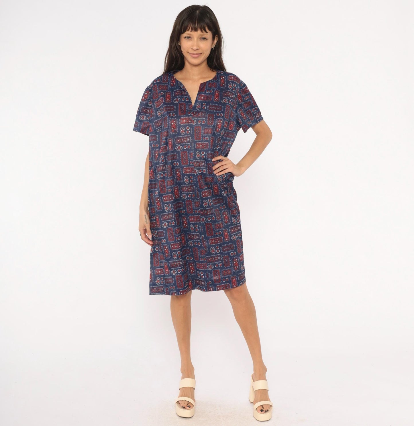 70s Navy Bandana Patchwork Shift Dress Red Floral Folk Print Knee Length Extra Large