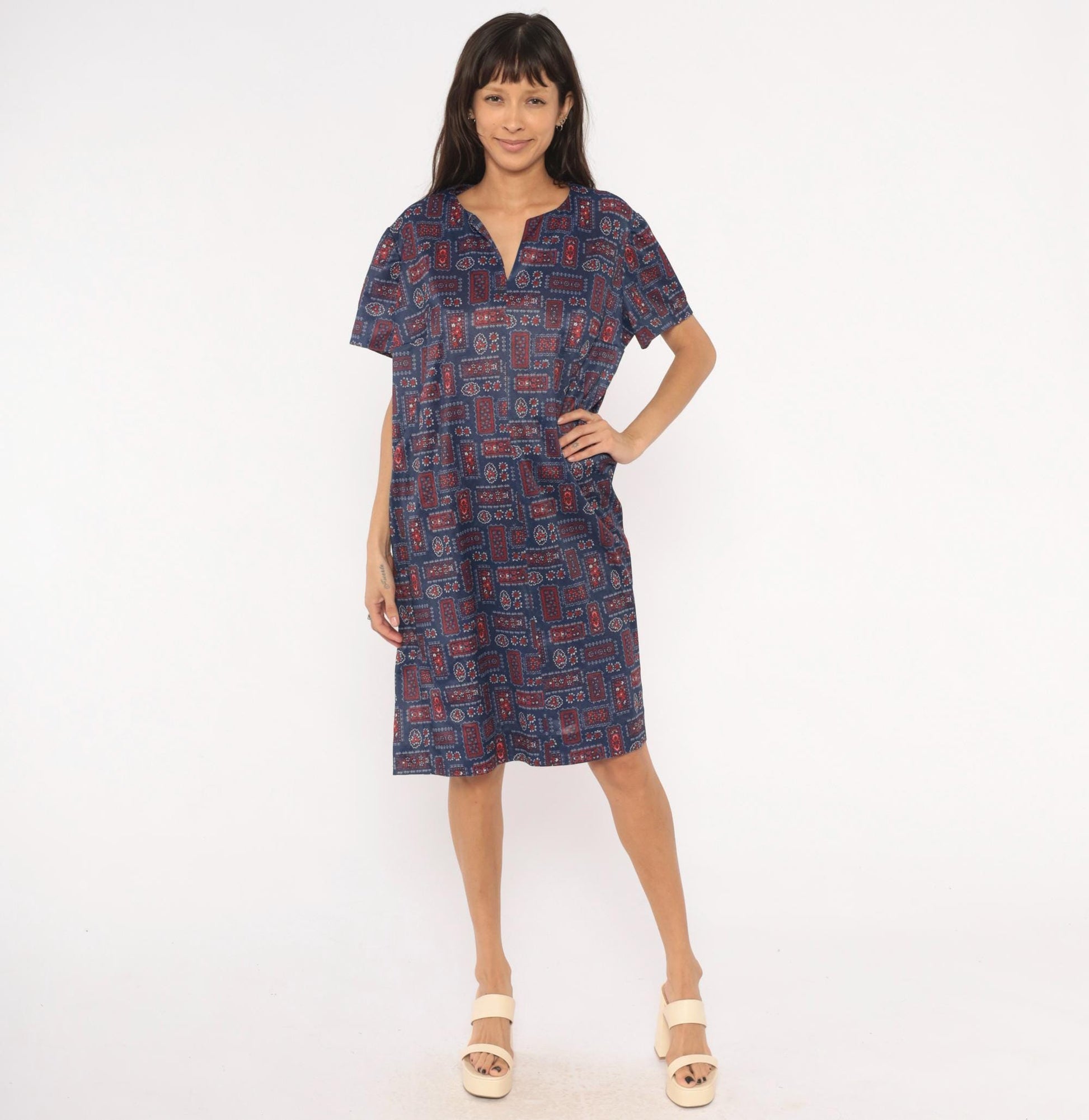 70s Navy Bandana Patchwork Shift Dress Red Floral Folk Print Knee Length Extra Large