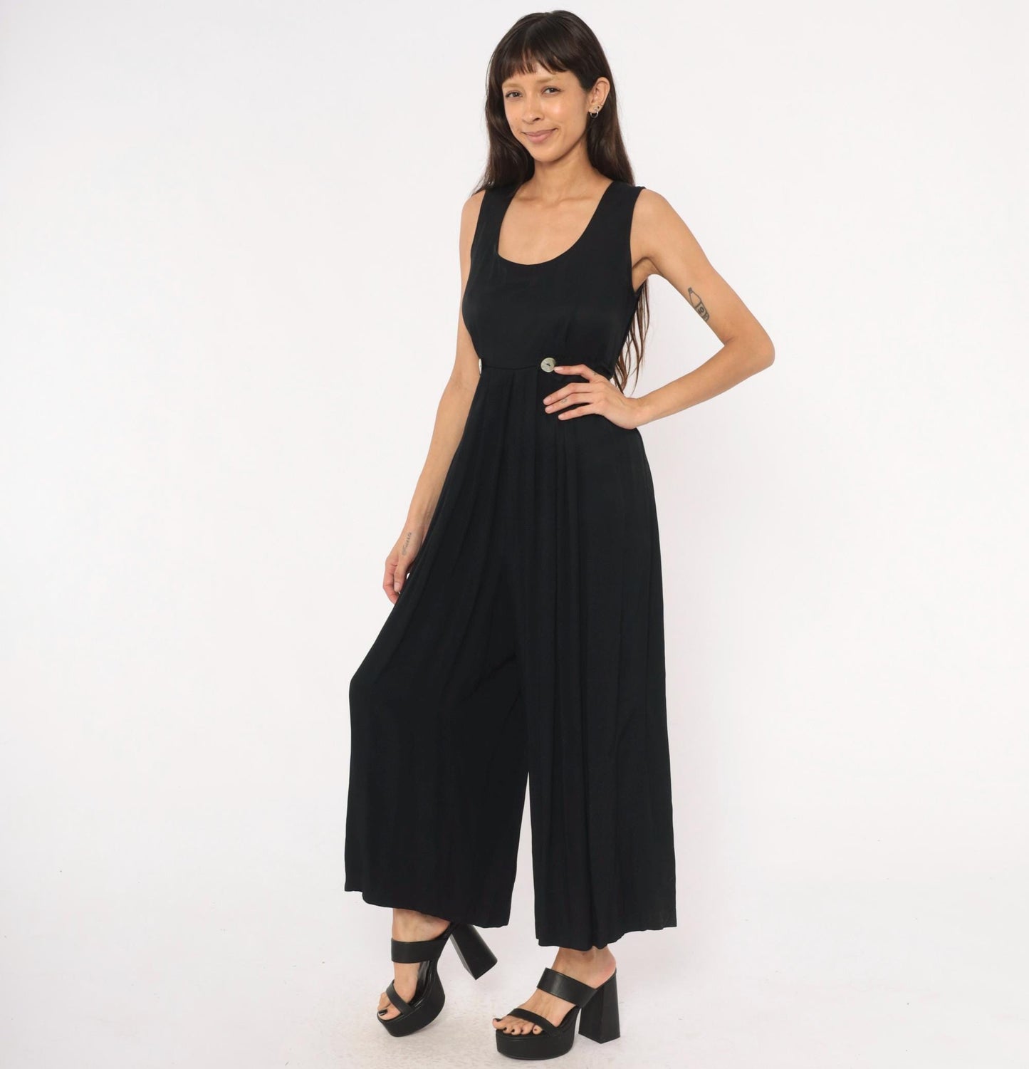 90s Jeffrey & Dara Black Wide-Leg Jumpsuit Pleated Waist Tie-Back Medium M