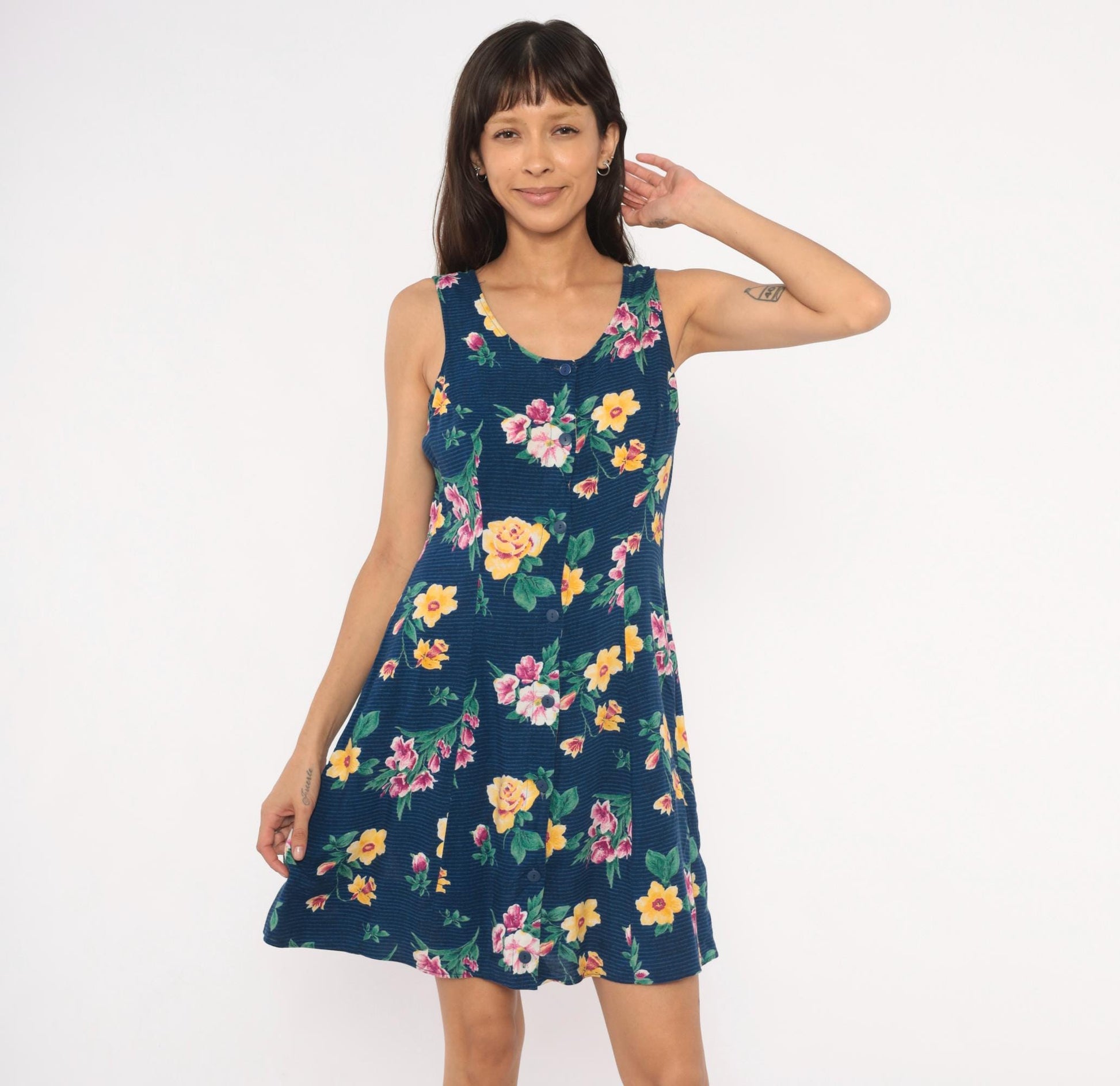 90s Tr Bentley Floral Sundress Navy Blue Yellow Rose Print Medium M