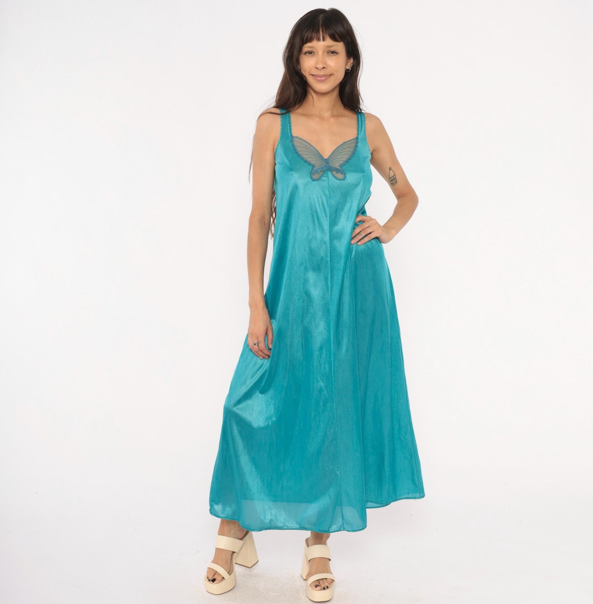 70s Undercover Wear Teal Maxi Nightgown Butterfly Mesh V-Neck Small