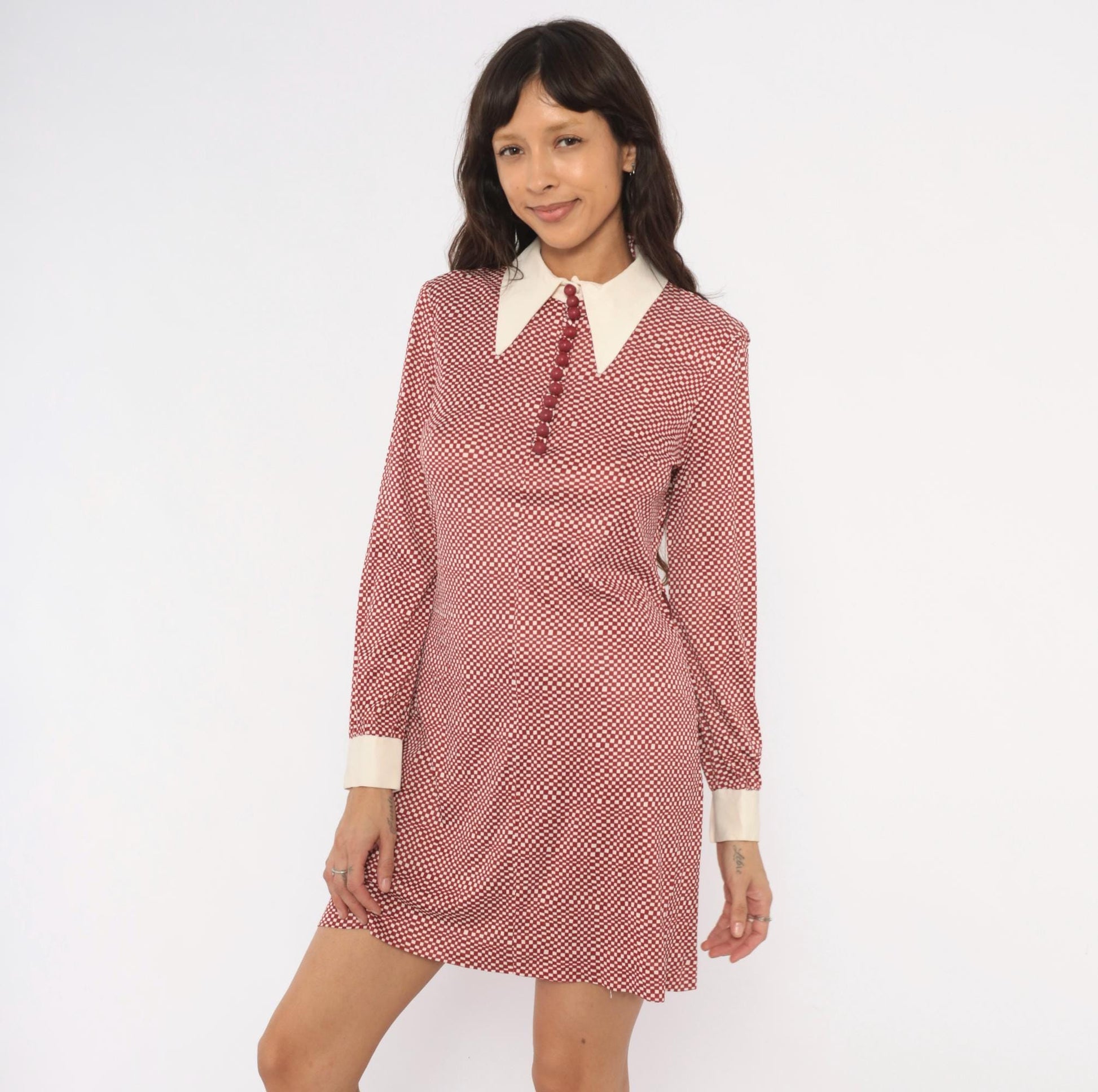 70s Patty Oneil Checkerboard Mini Dress Burgundy Cream Puff Sleeve Medium M