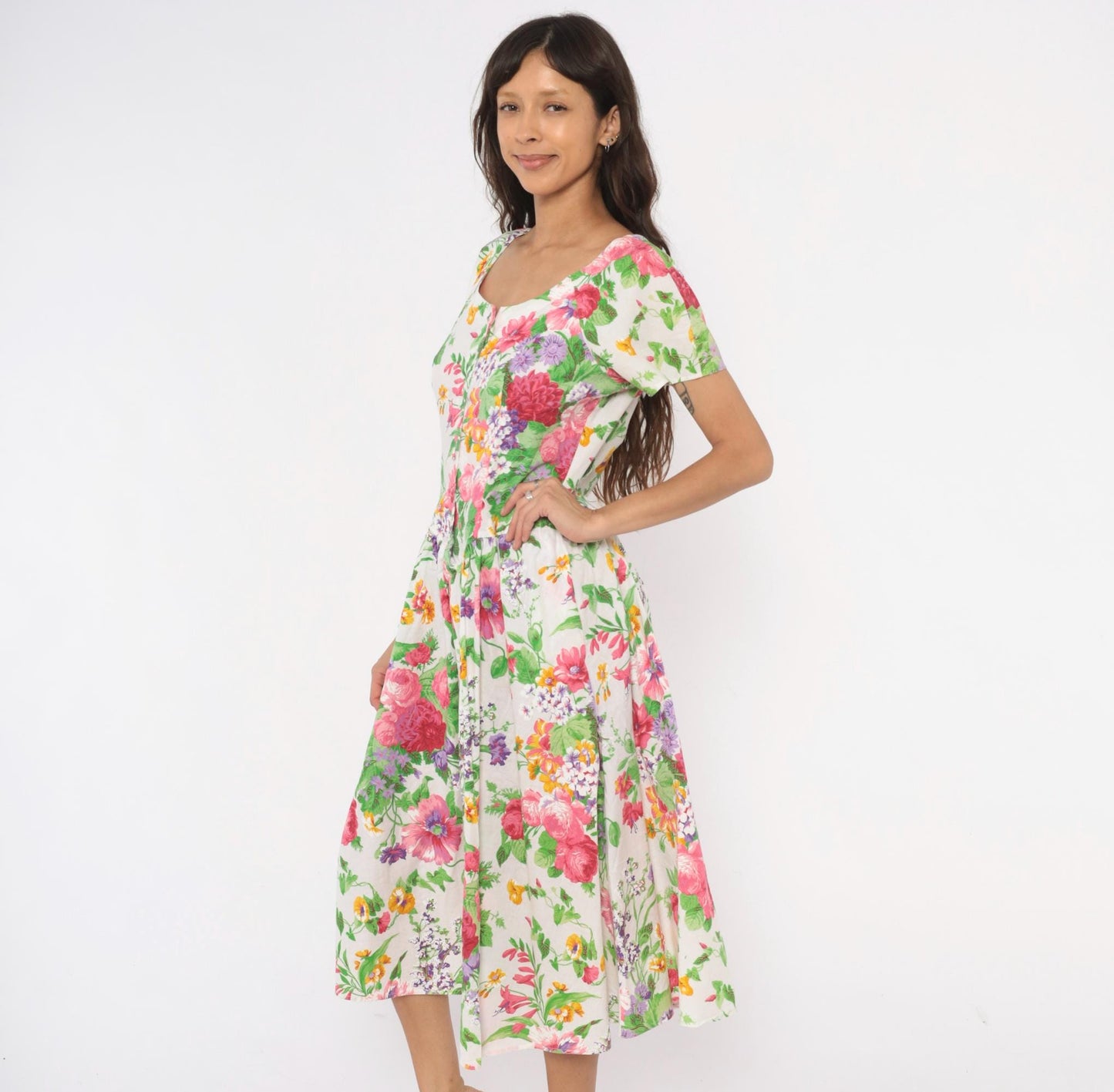 80s Dawn Joy Fashions Floral Midi Dress Cotton Pink Rose Garden Print Medium