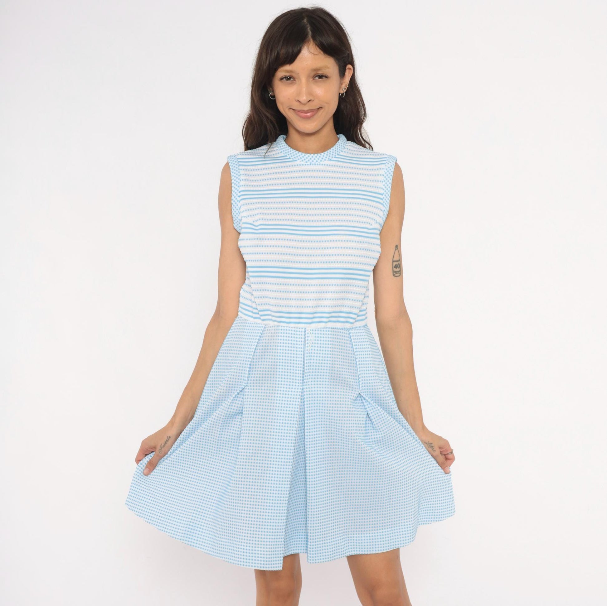 70s Vicky Vaughn Gingham Stripe Dress Sky Blue White Peter Pan Collar Medium
