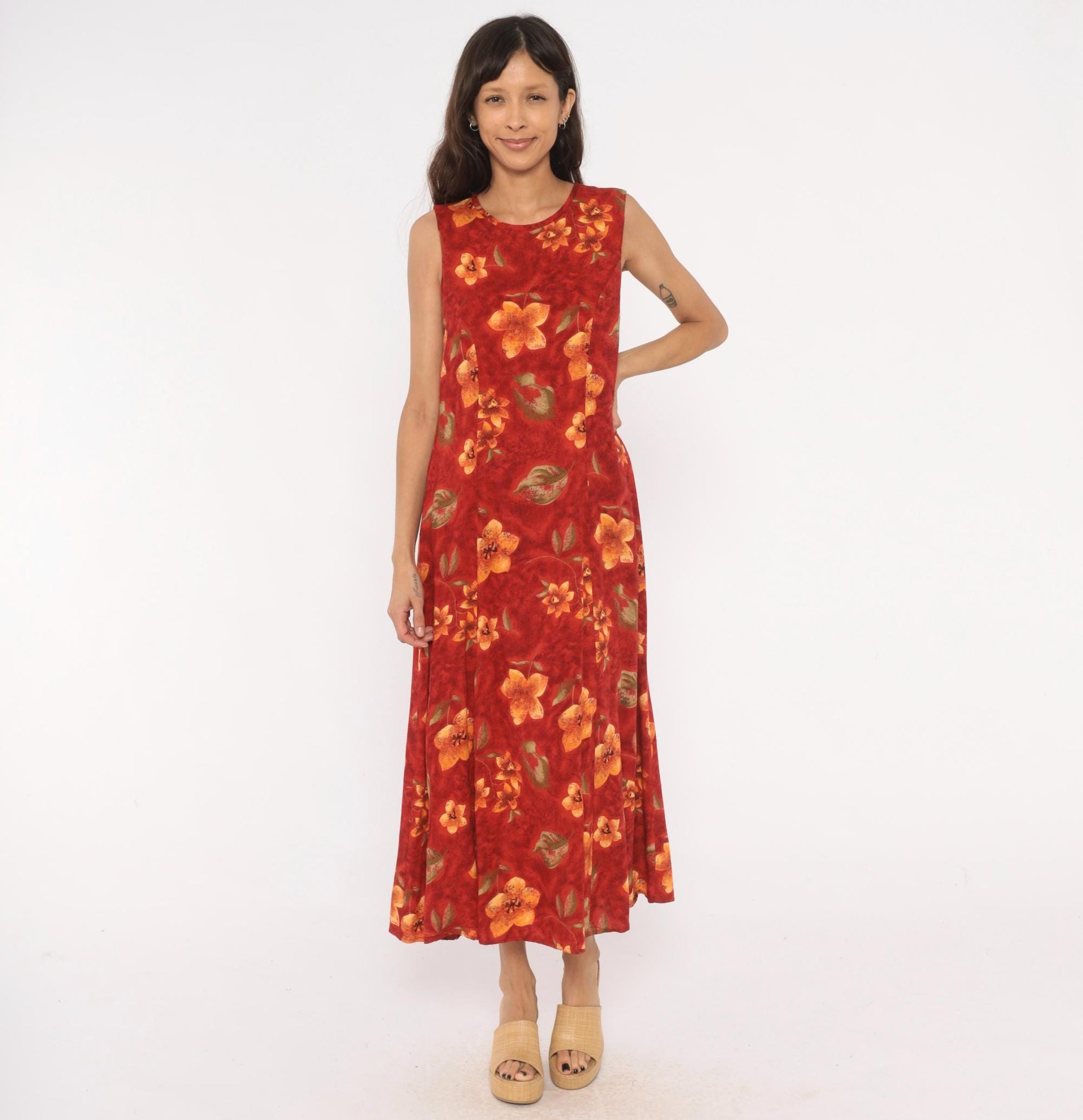 90s Olivia Rose Floral Maxi Dress Red Orange Sleeveless Keyhole Back Medium