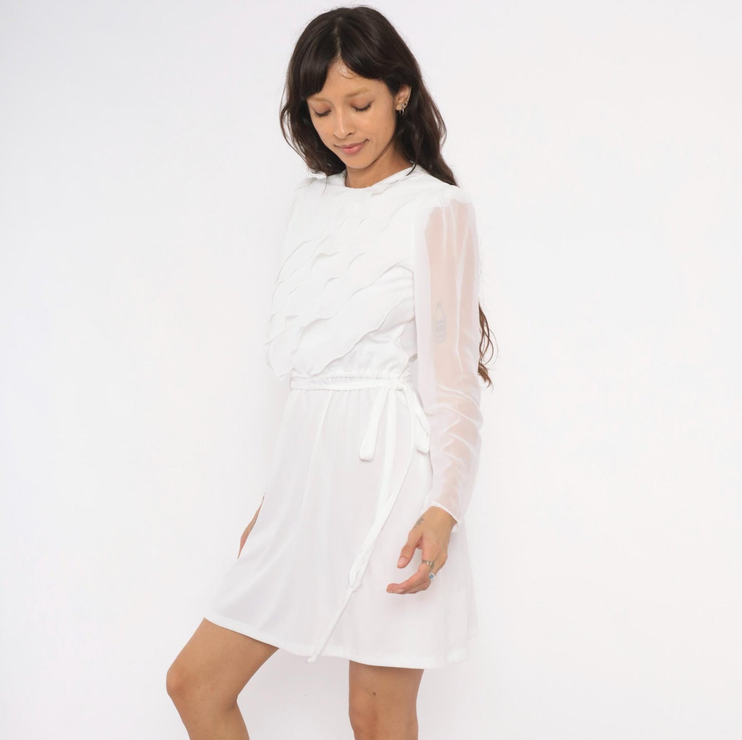 70s White Mini Dress Tiered Ruffle Chiffon Long Sleeve Crew Neck Small