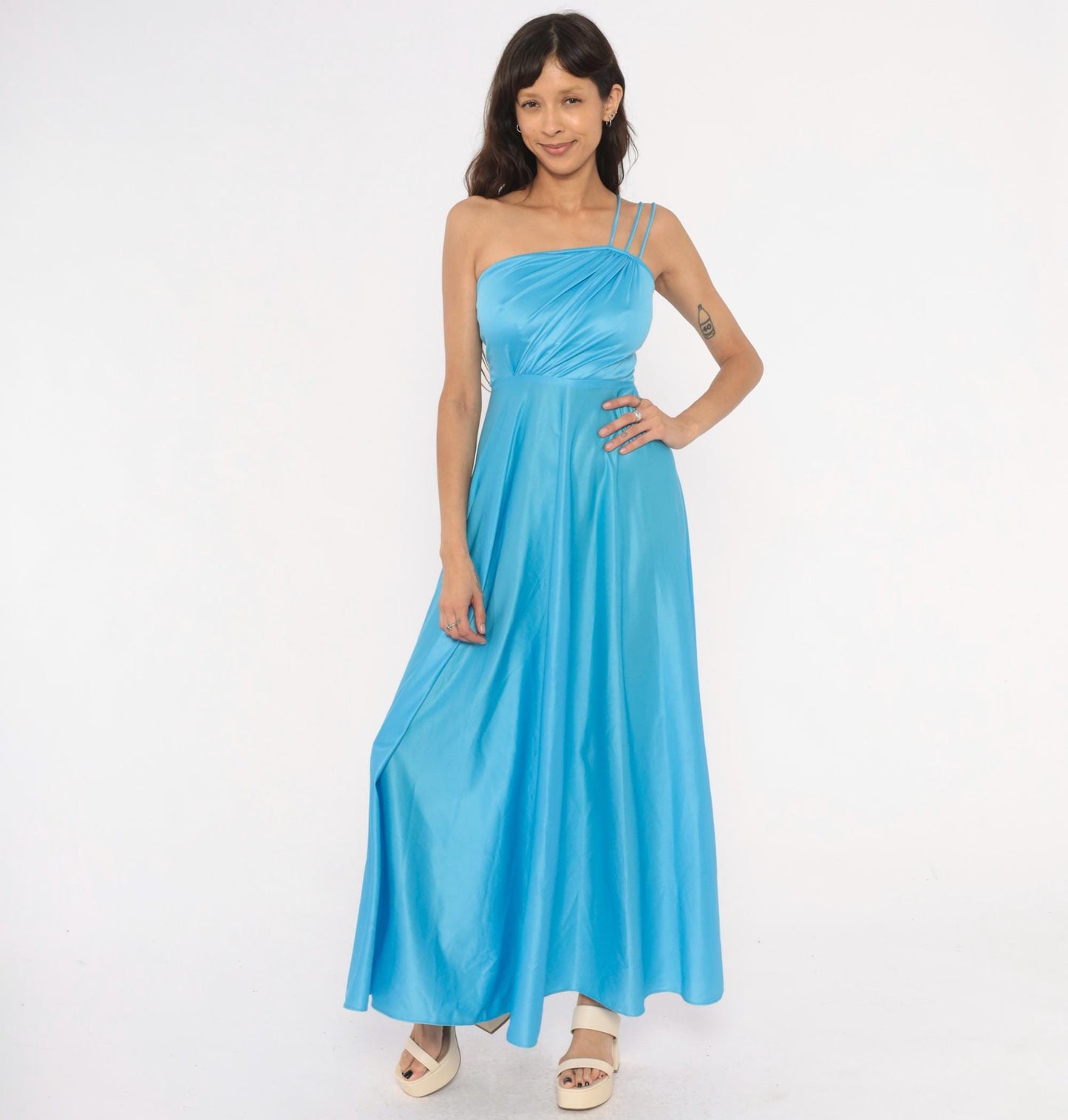 70s Sky Blue One-Shoulder Maxi Gown Asymmetric Draped Bodice Floor Length Extra Small XS