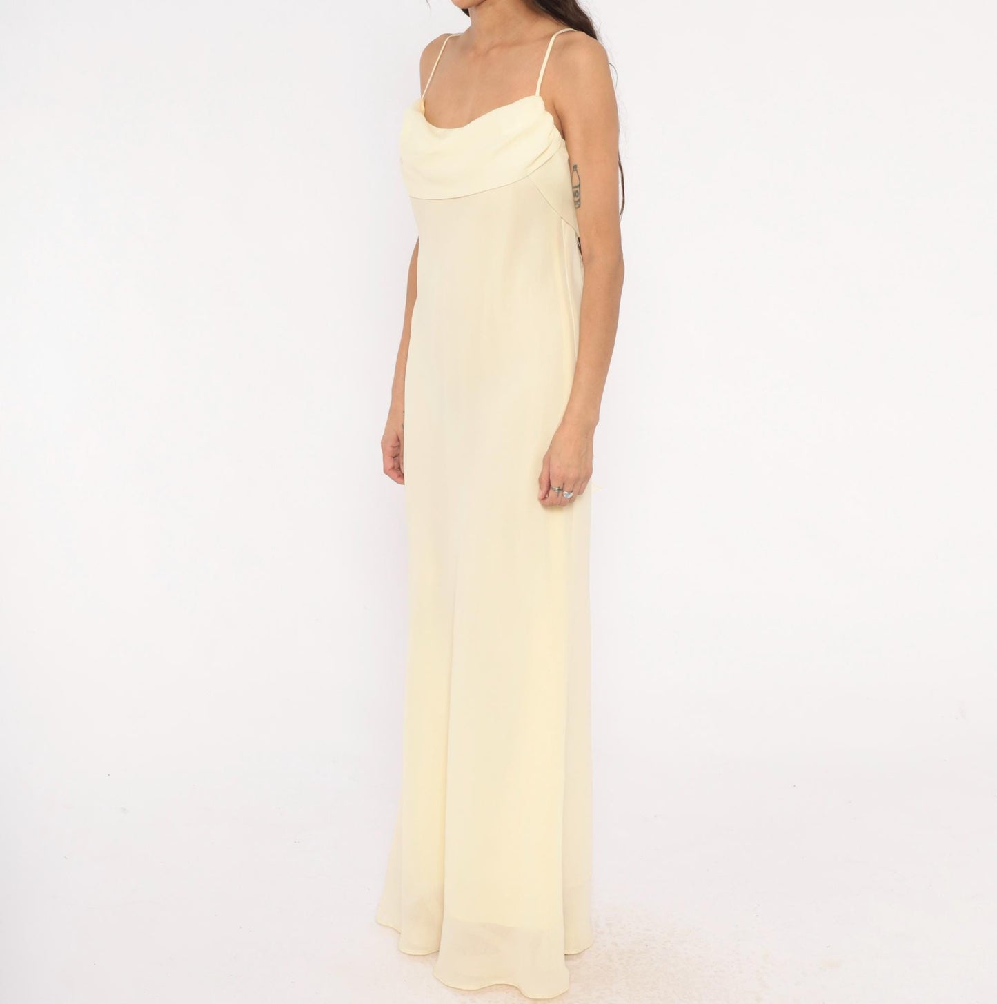 70s Jody Pale Yellow Cowl Neck Maxi Gown Spaghetti Strap Medium M