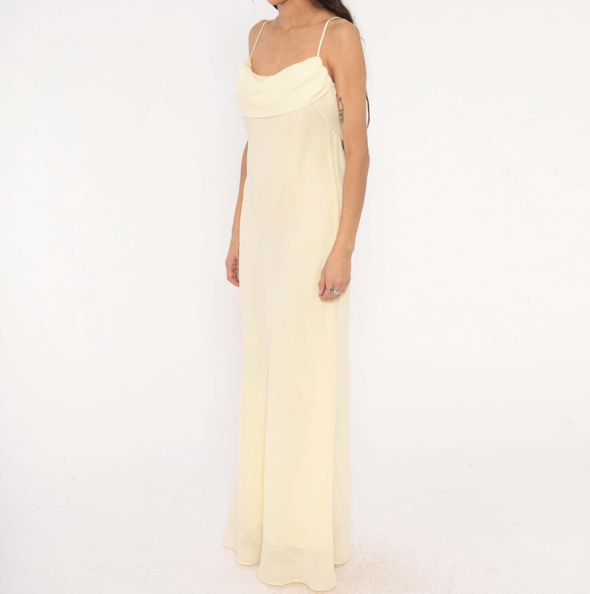 70s Jody Pale Yellow Cowl Neck Maxi Gown Spaghetti Strap Medium M