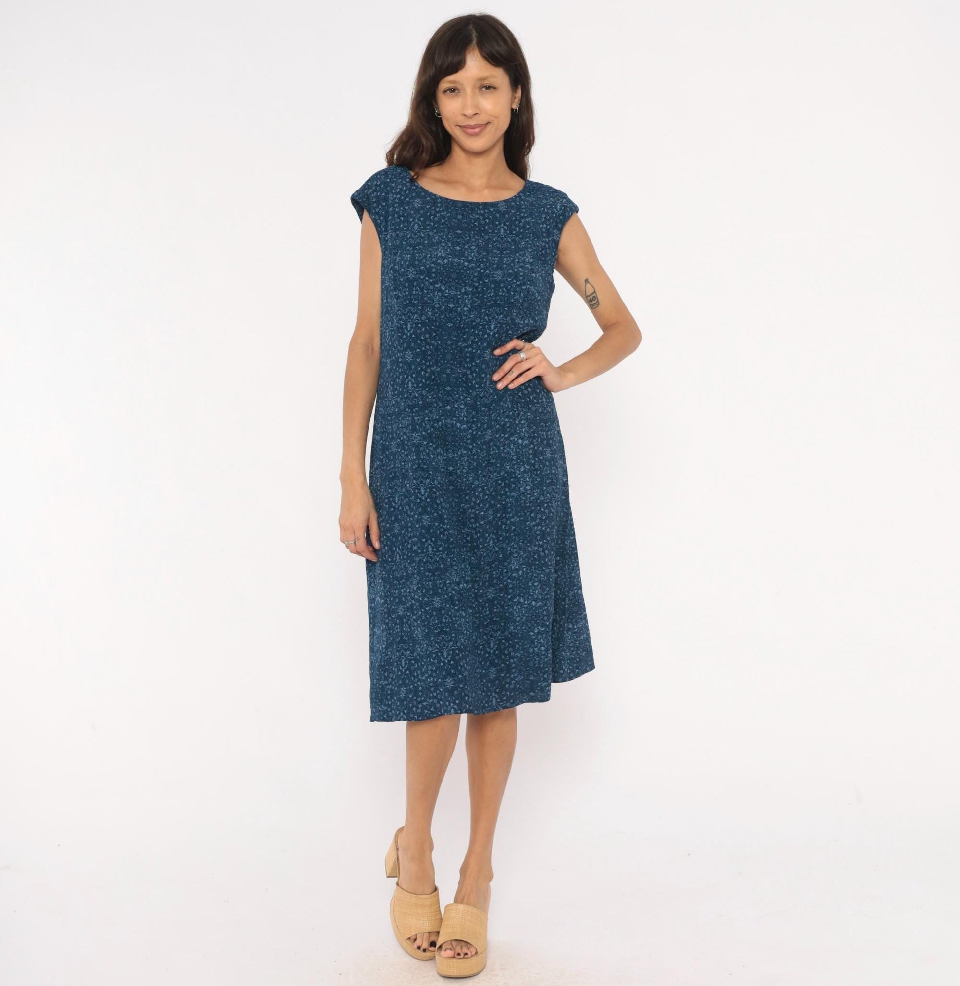 90s Talbots Indigo Floral Cotton Shift Dress Navy Cap Sleeve Large L