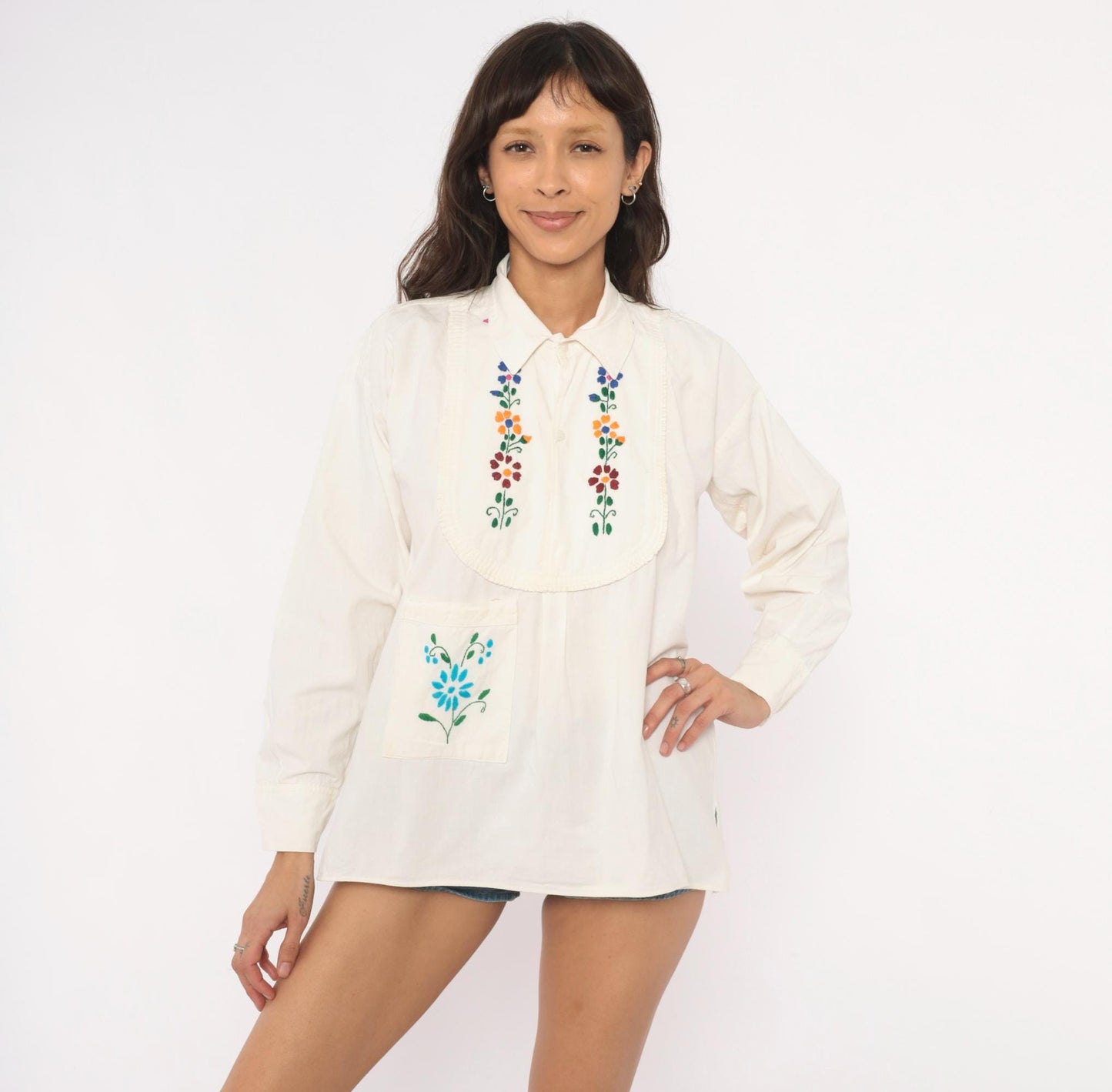 70s Mexican Embroidered Floral Blouse Cream Cotton Peasant Top Medium