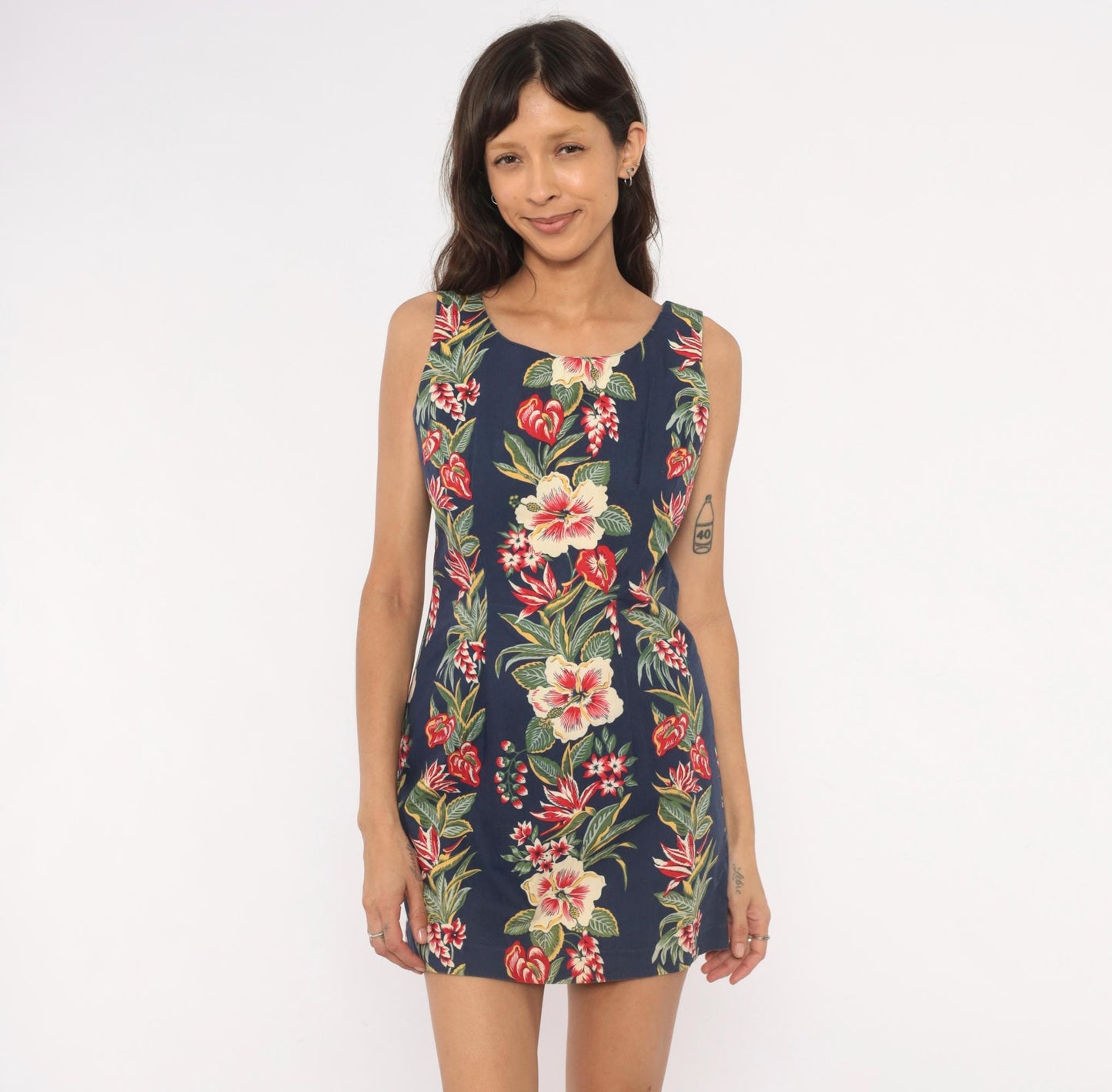 90s Chili Pepa Hawaii Tropical Mini Dress Navy Hibiscus Floral Cotton XS