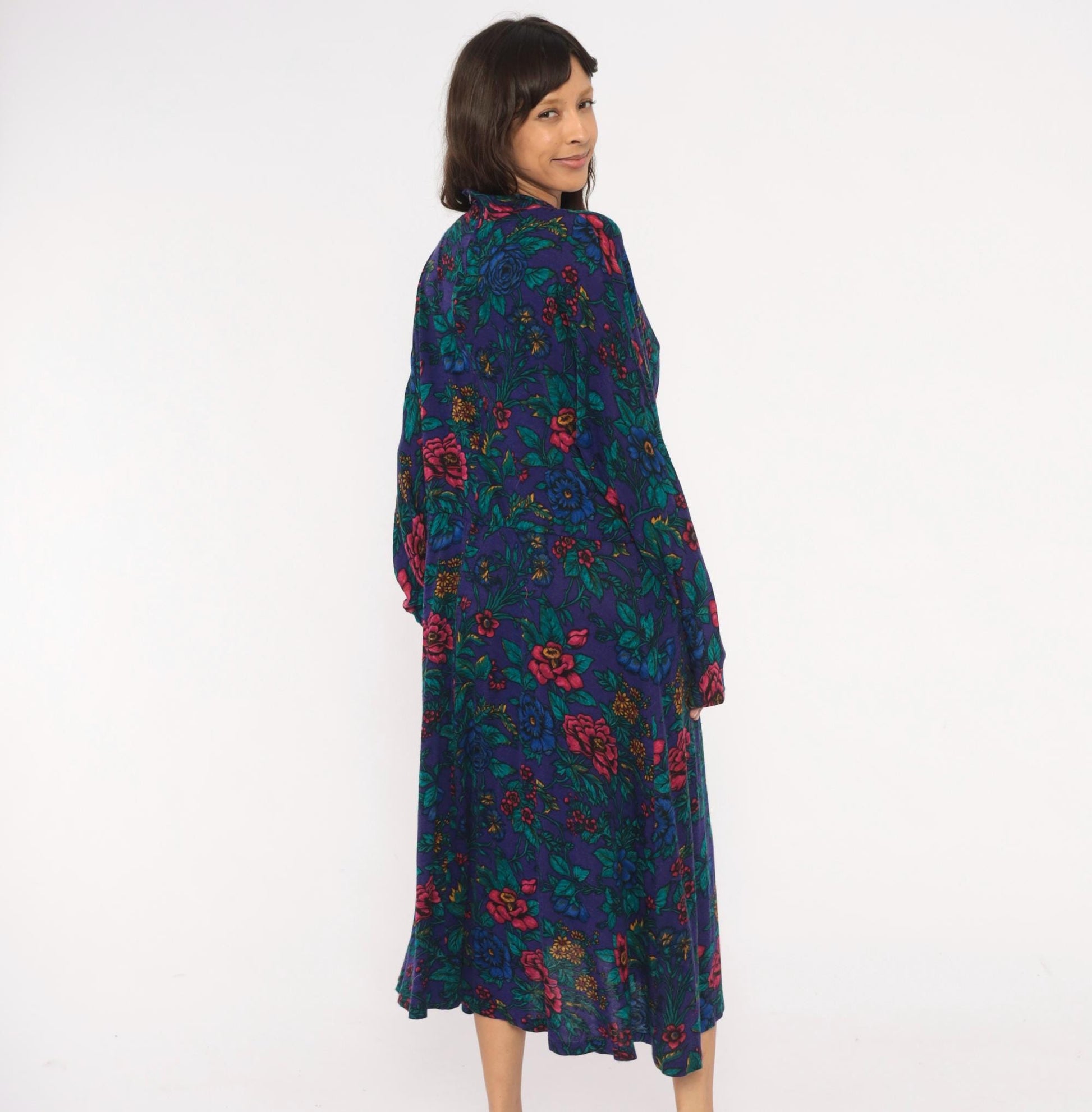 90s Alison J. Floral Mock Neck Midi Dress Purple Teal Long Sleeve Large L