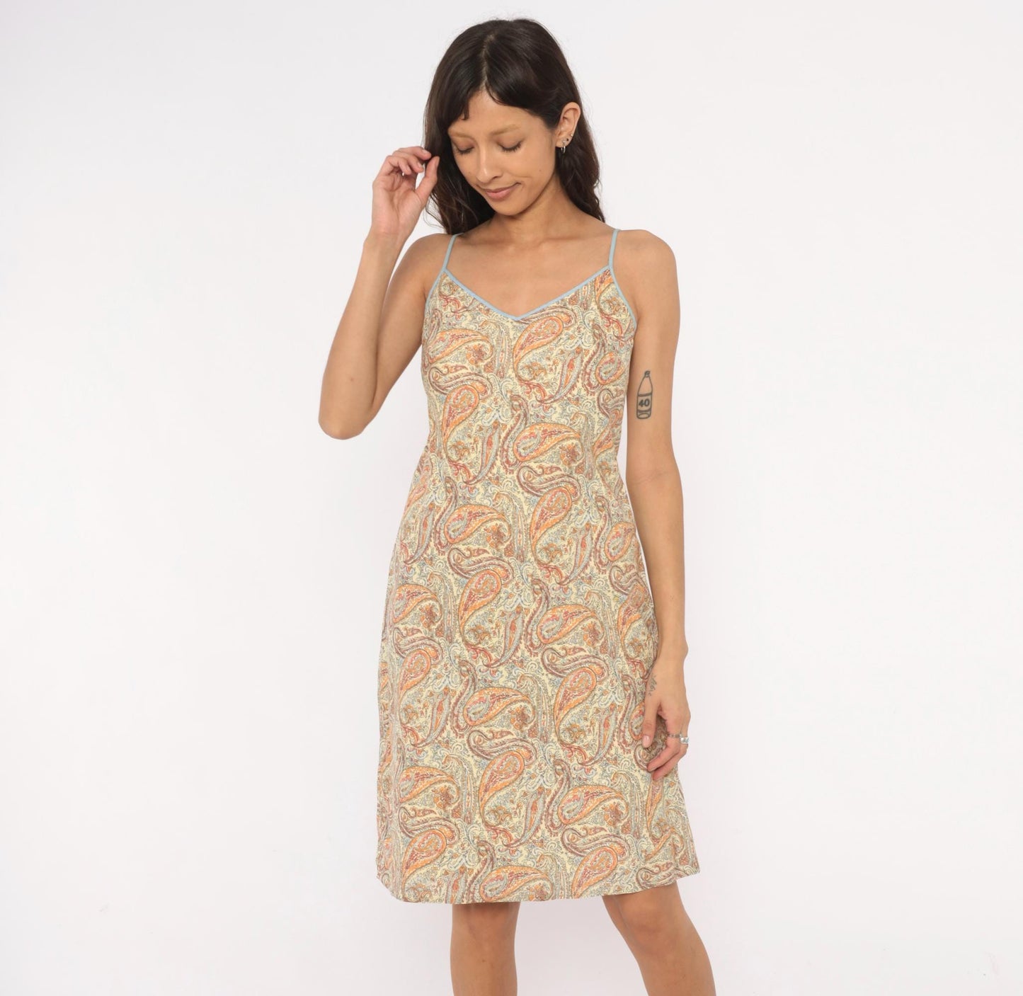 Y2K J.Crew Paisley Slip Dress Cream Orange Spaghetti Strap Knee-Length Small