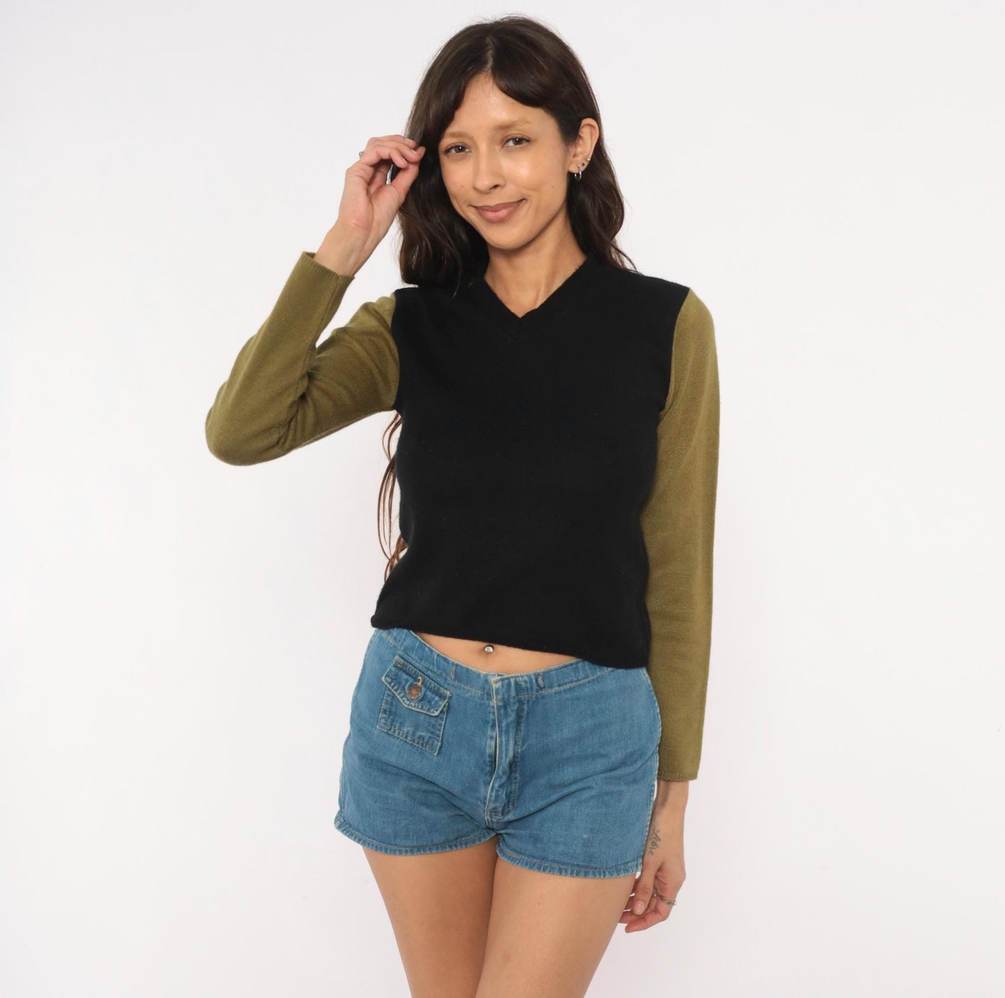 90s Catch 22 Color Block V-Neck Sweater Black Olive Green Small
