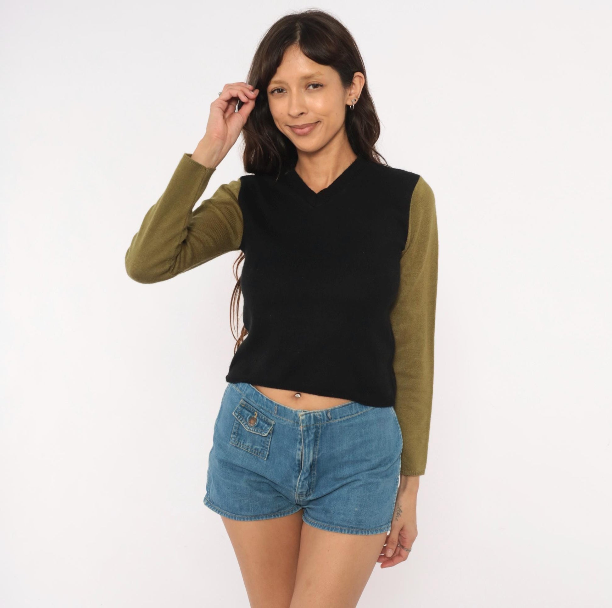 90s Catch 22 Color Block V-Neck Sweater Black Olive Green Small