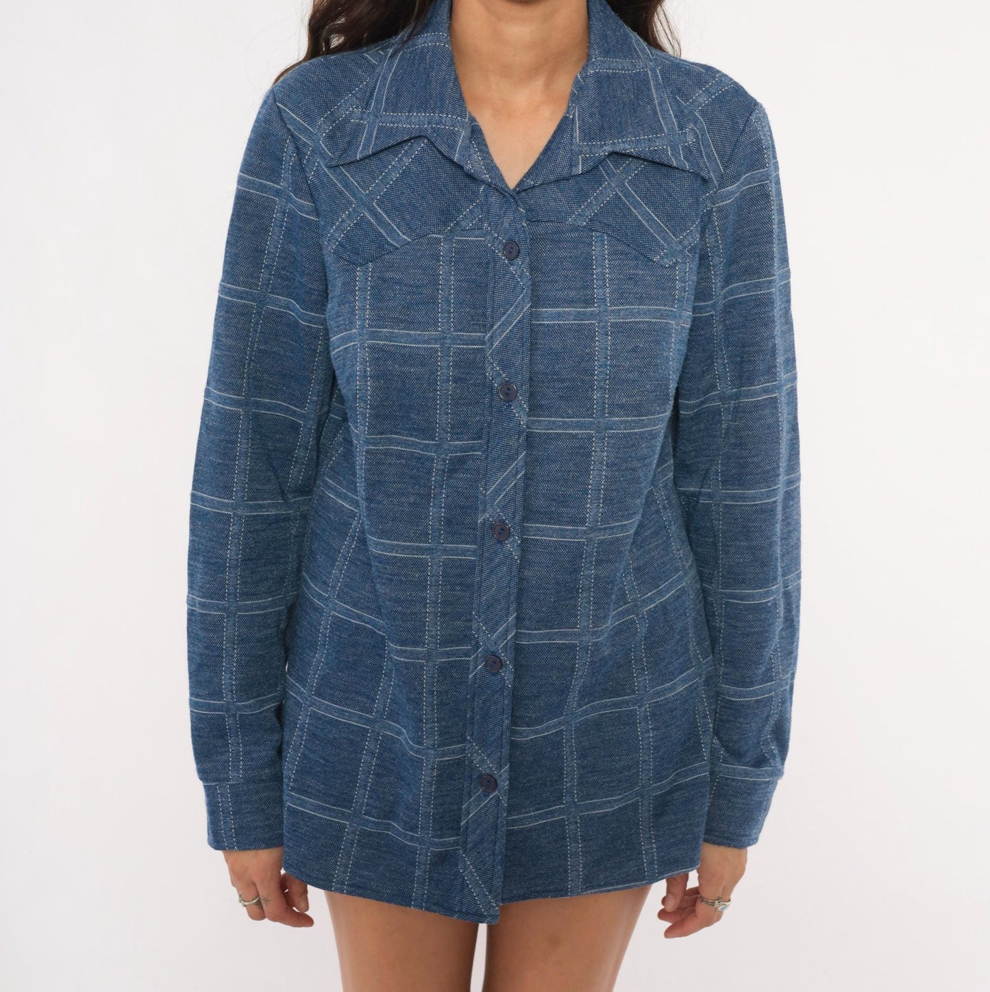 70s Sears Fashions Windowpane Plaid Shirt Navy Blue Pointed Collar Tunic Large