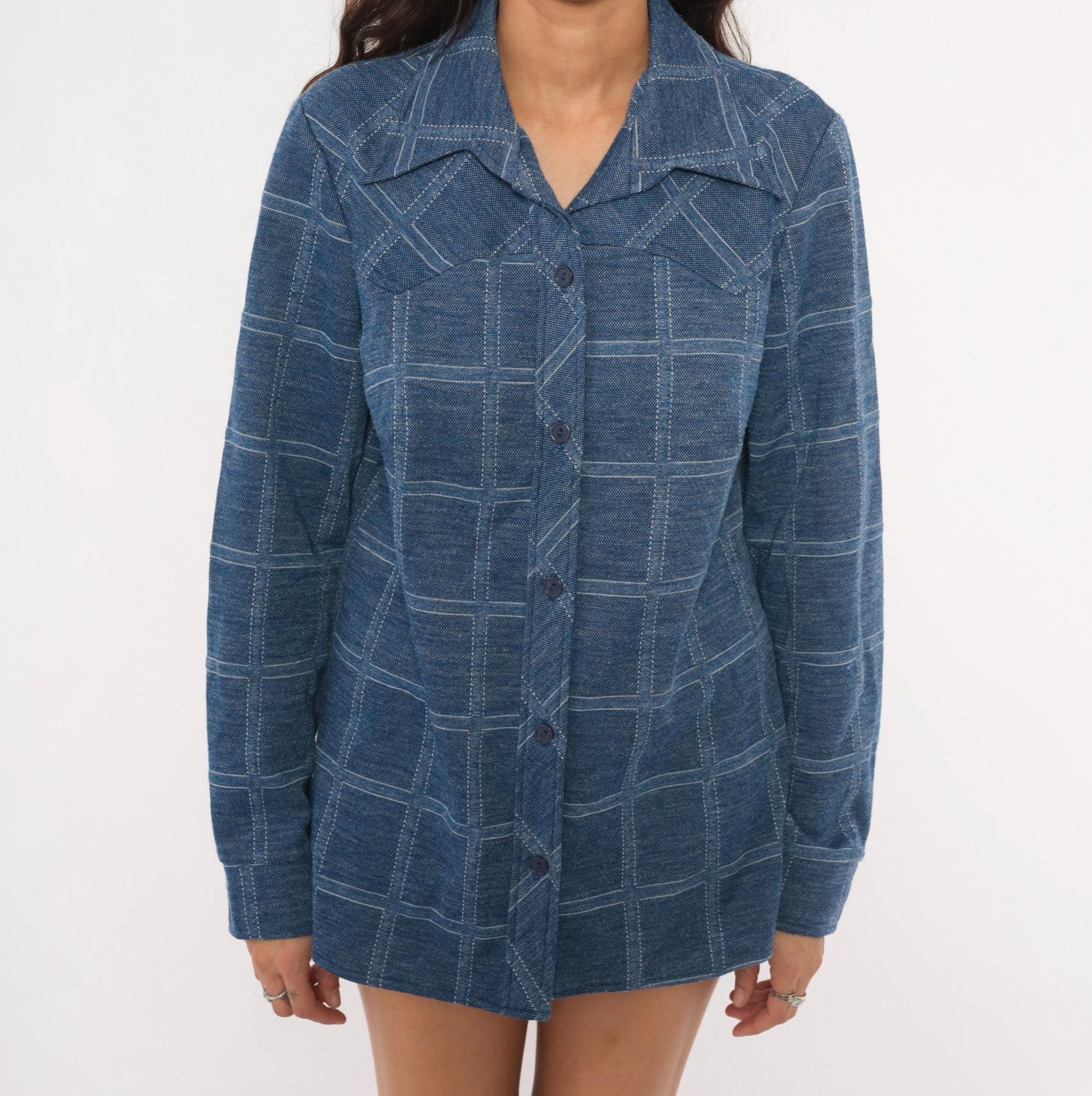 70s Sears Fashions Windowpane Plaid Shirt Navy Blue Pointed Collar Tunic Large