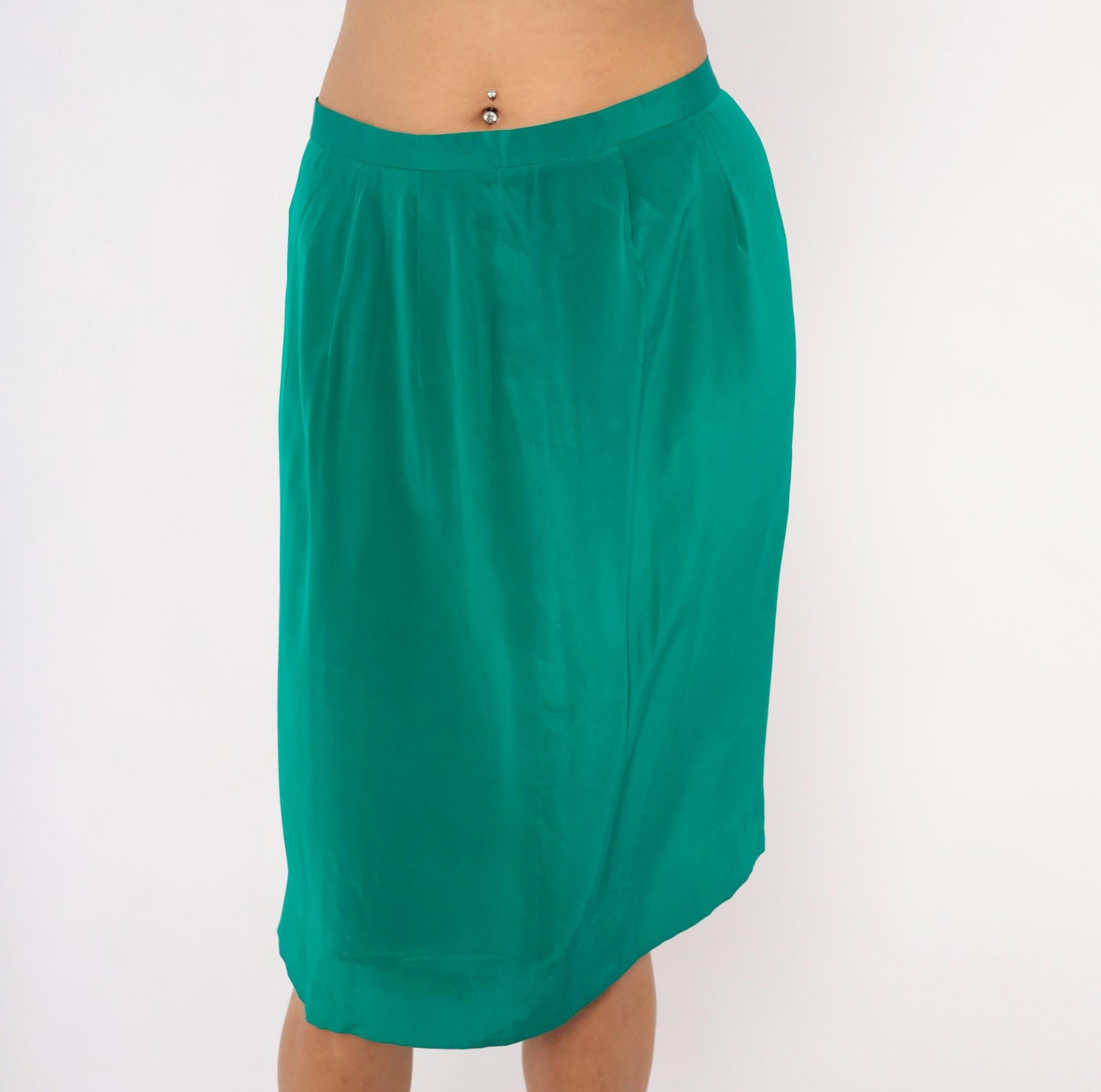 90s Teal Pencil Skirt Emerald Green Pleated A-Line Knee-Length Medium M
