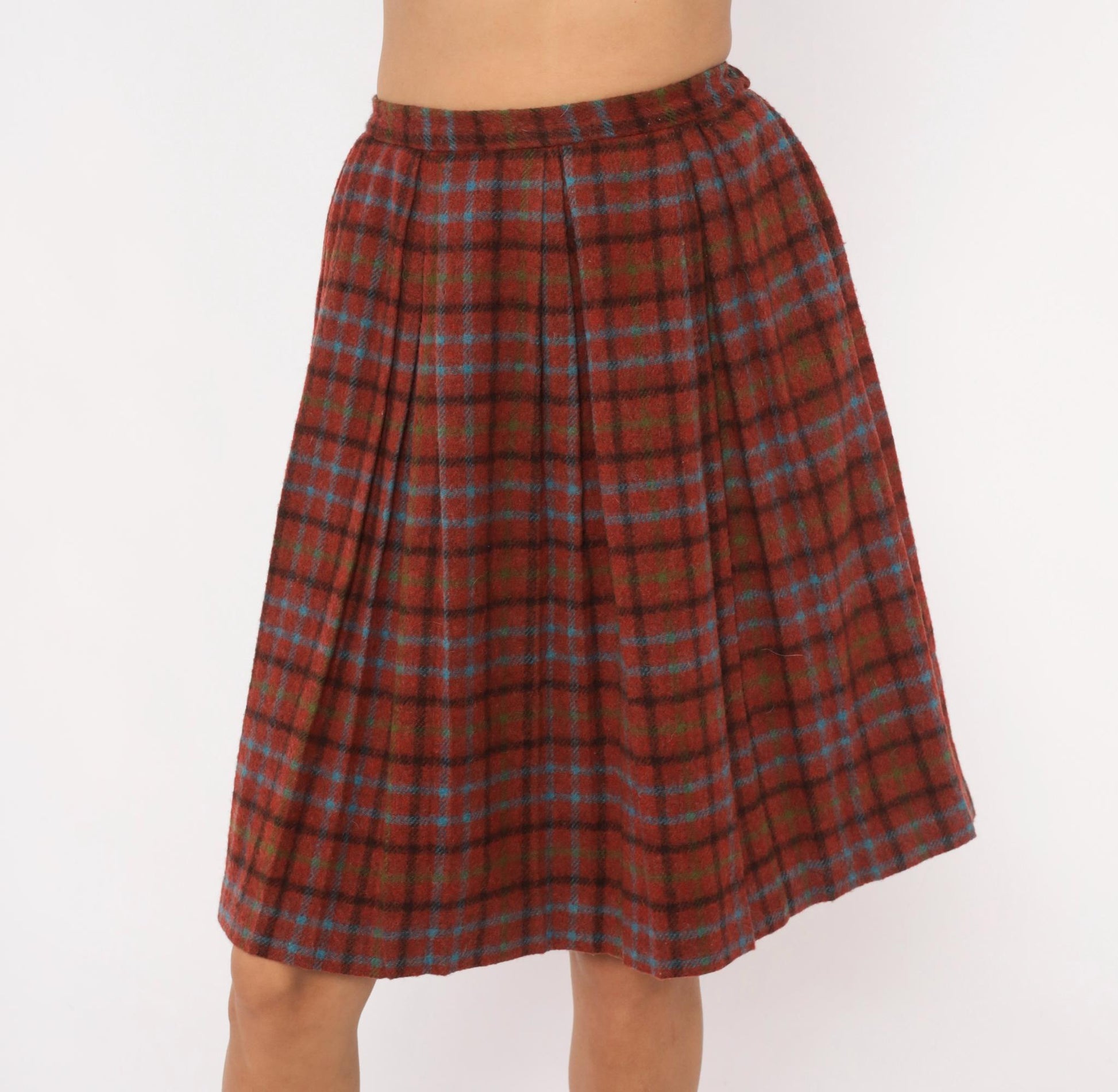 60s Mode O Day Wool Plaid Pleated Skirt Burgundy Tartan Knee-Length Extra Small XS