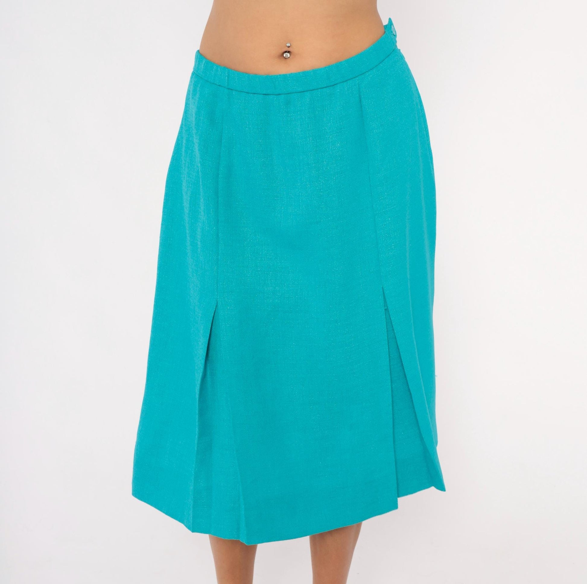 80s Teal Box Pleat Midi Skirt Turquoise A-Line Waistband Zip Large L