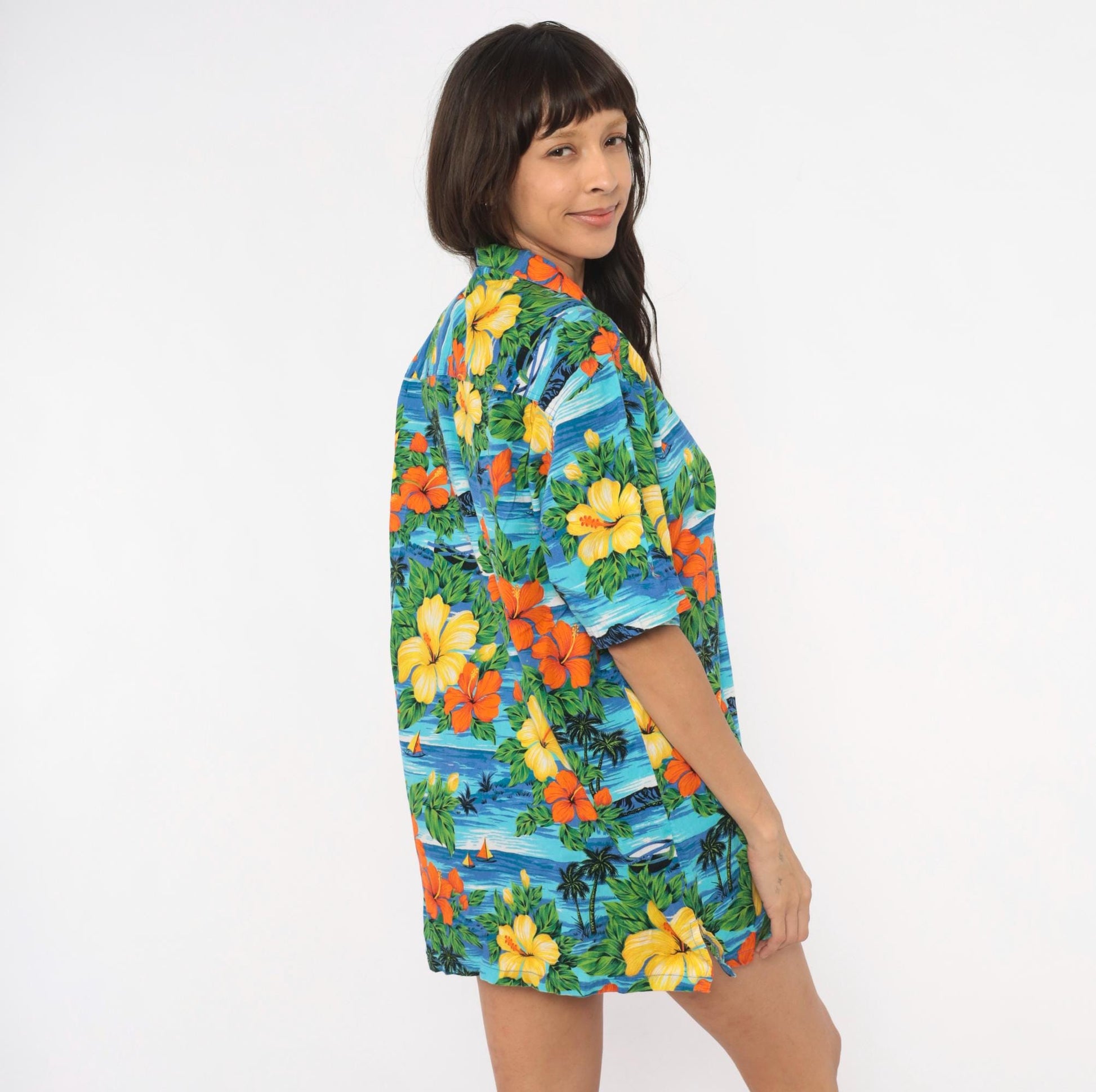 2000s Squish Wear Hawaiian Camp Collar Shirt Tropical Hibiscus Cotton Large L