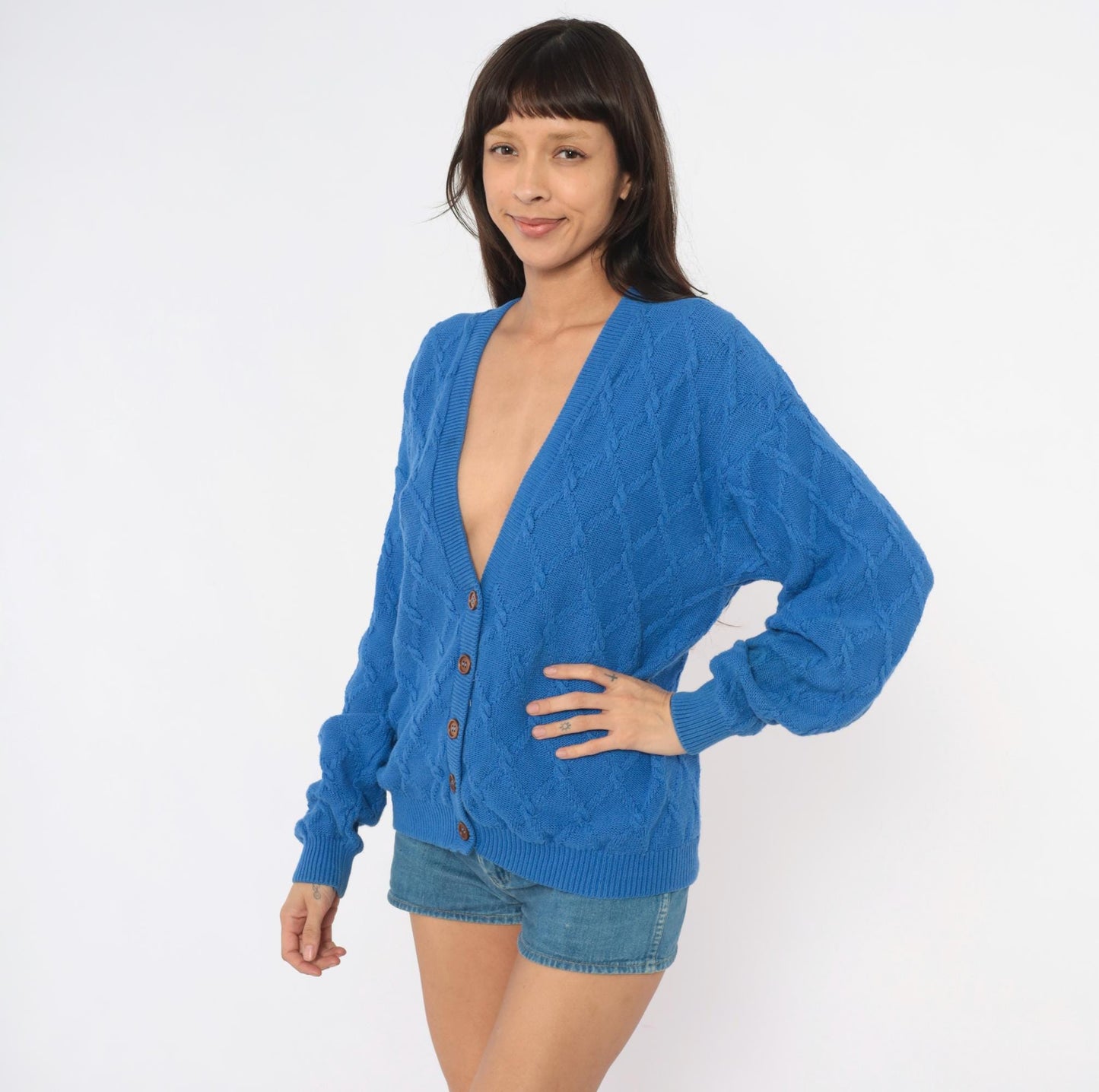 80s Pendleton Cable Knit Cardigan Blue Cotton V Neck Wooden Buttons Medium M
