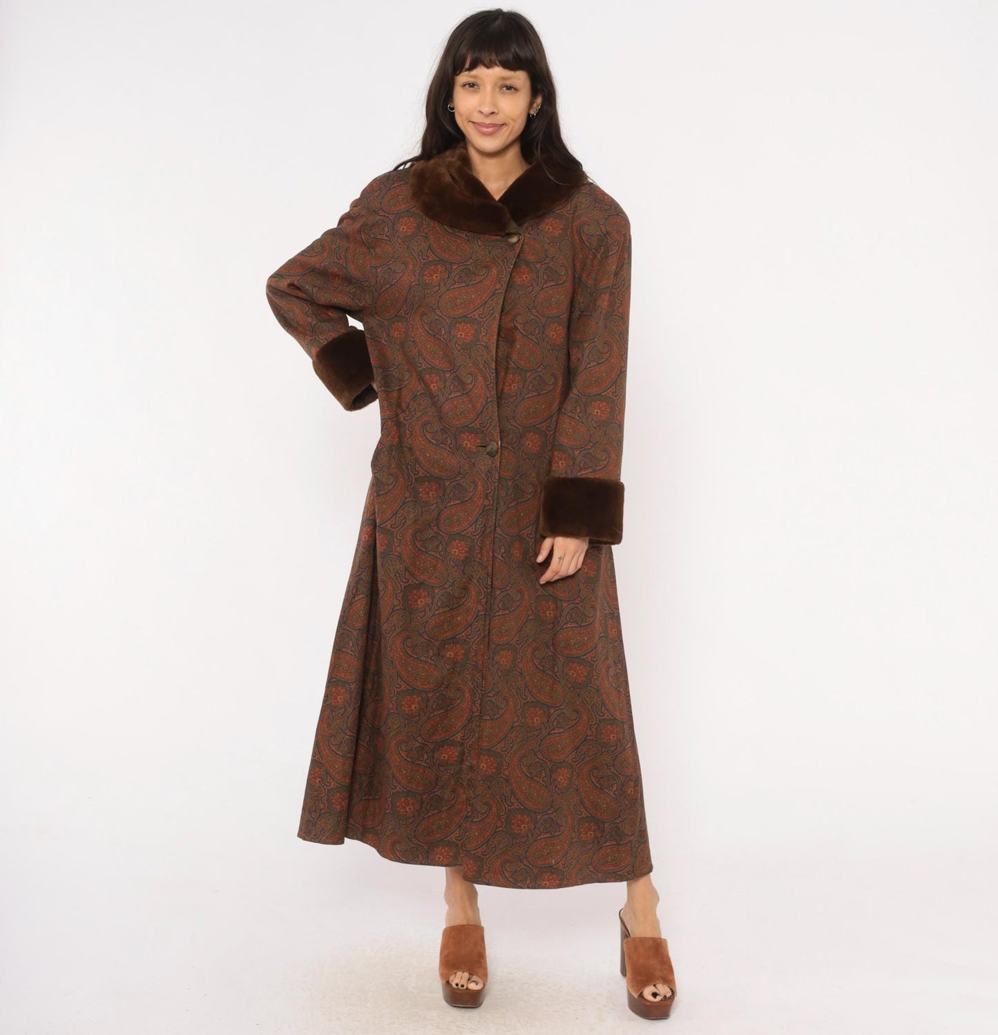 1970s Bill Blass Paisley Wool Maxi Coat Fur Collar Brown Olive Medium M