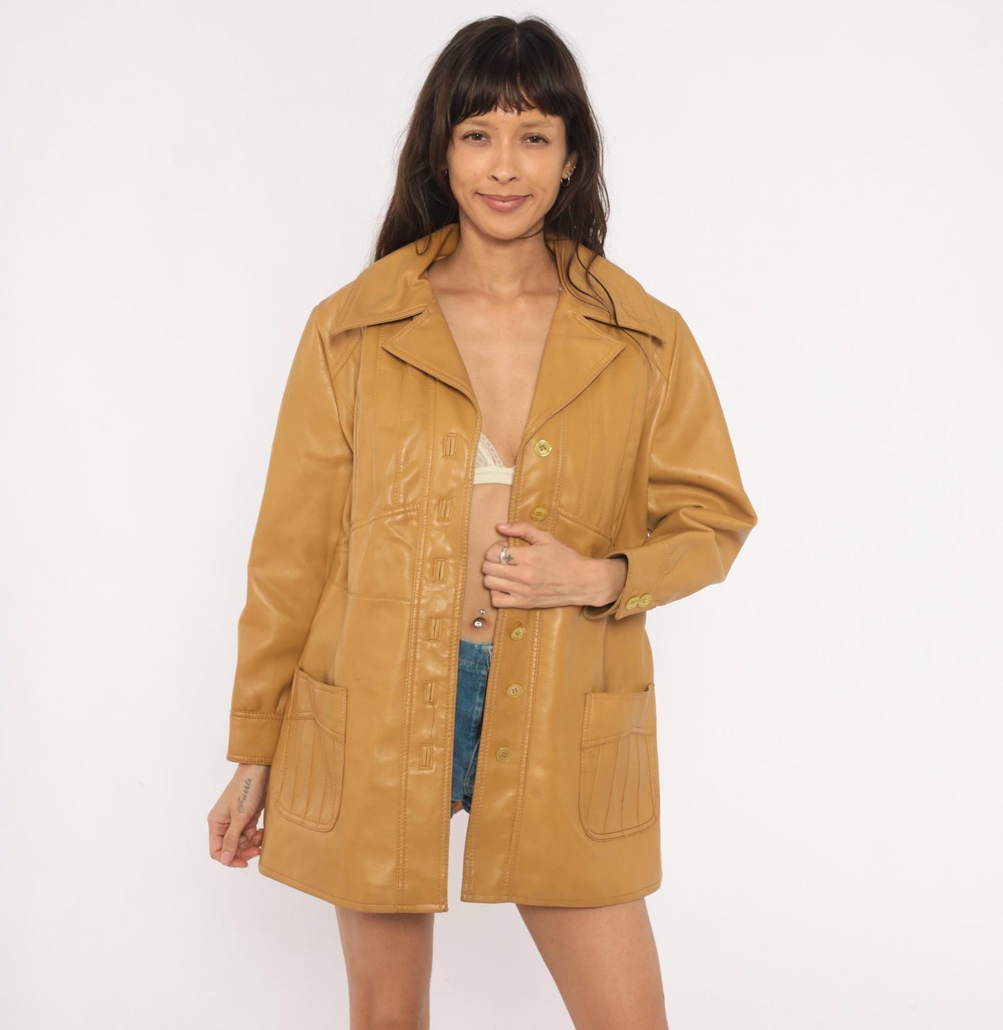70s Mod-Maid Vinyl Coat Tan Button Front Notched Collar Mini Trench Large L