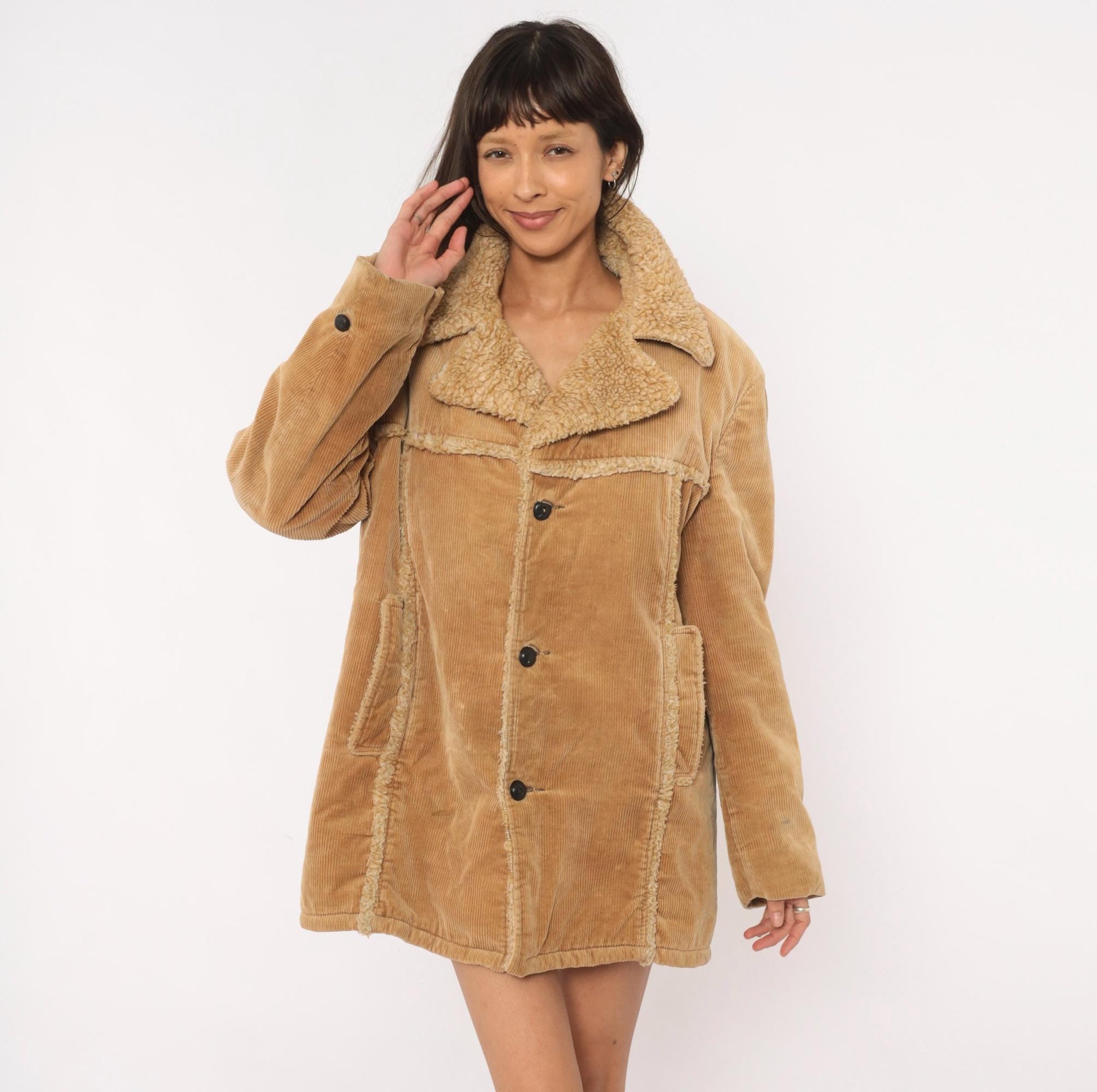 70s JCPenney Tan Corduroy Sherpa Coat Button Front Jacket Medium M